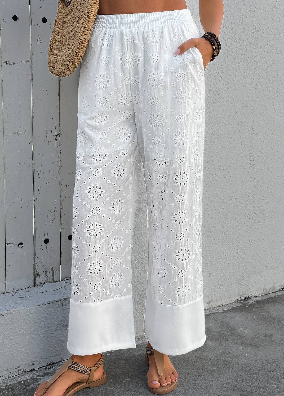 Soft White Wide Leg Elastic Waist High Waisted Pants