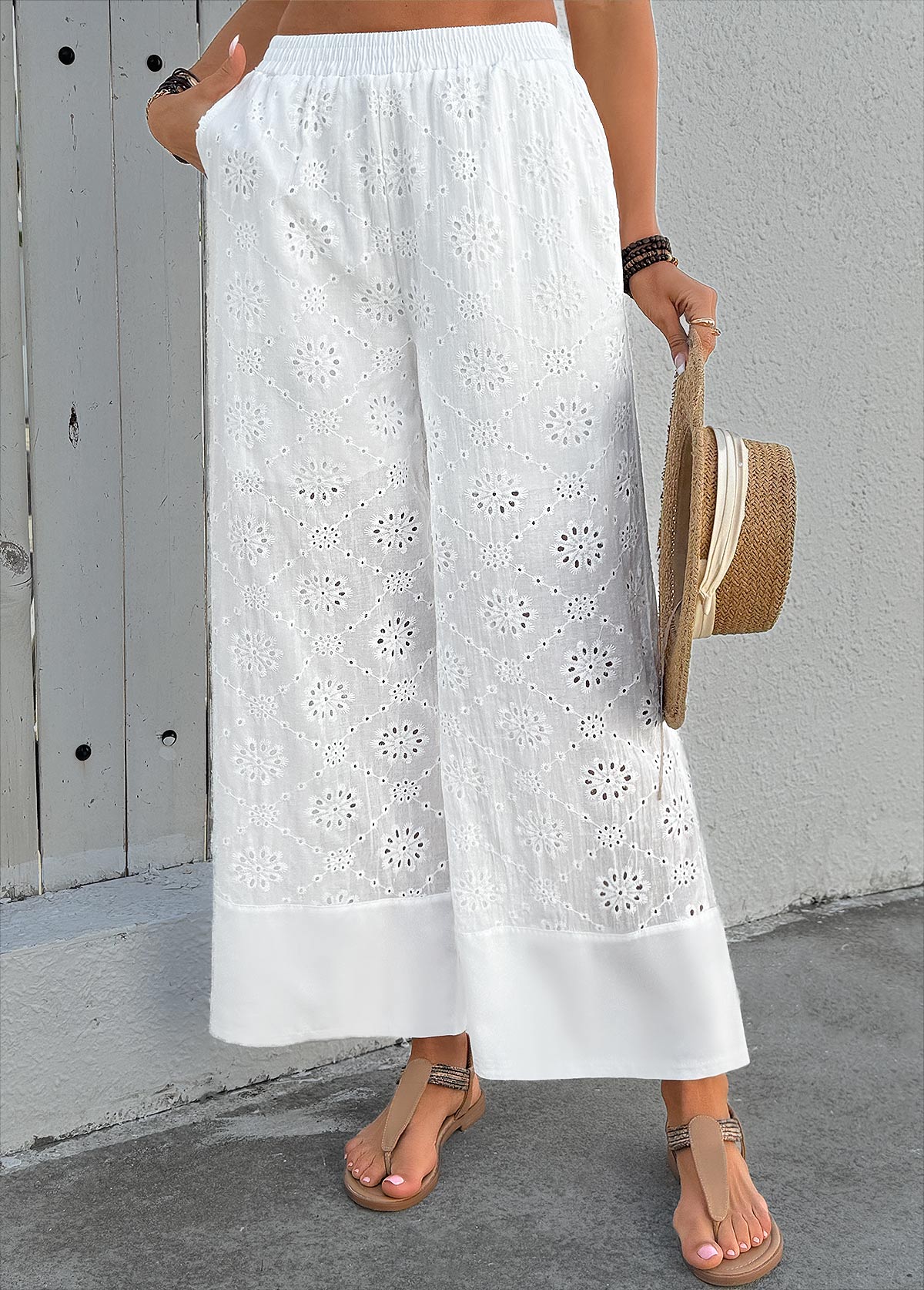 Soft White Wide Leg Elastic Waist High Waisted Pants