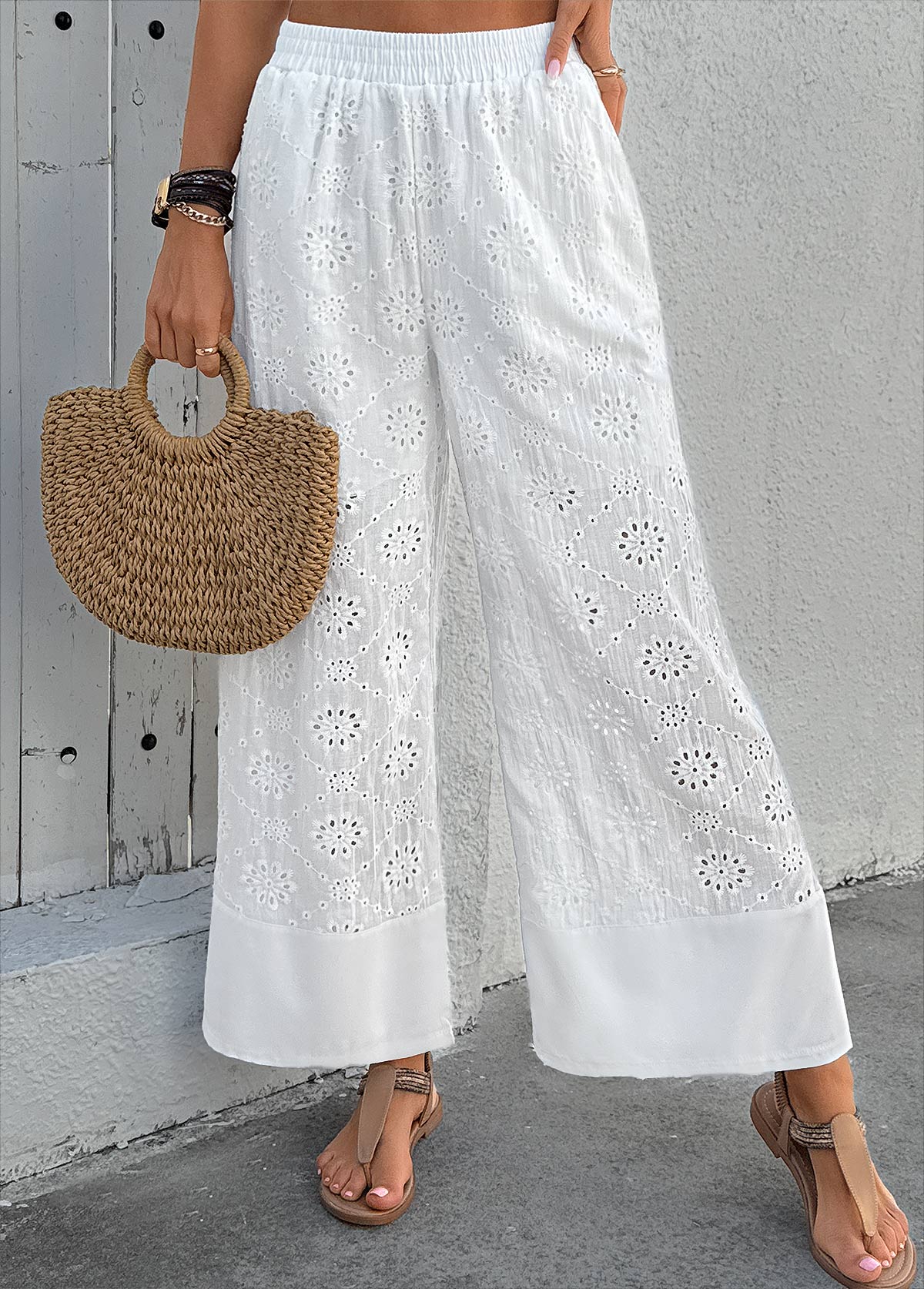 Soft White Wide Leg Elastic Waist High Waisted Pants