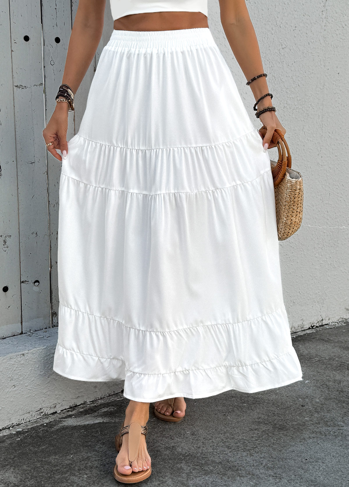 Pocket White A Line Elastic Waist Maxi Skirt