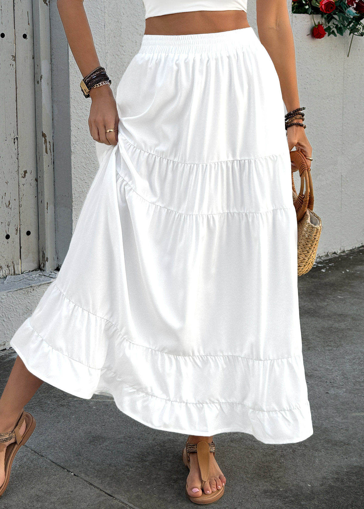 Pocket White A Line Elastic Waist Maxi Skirt