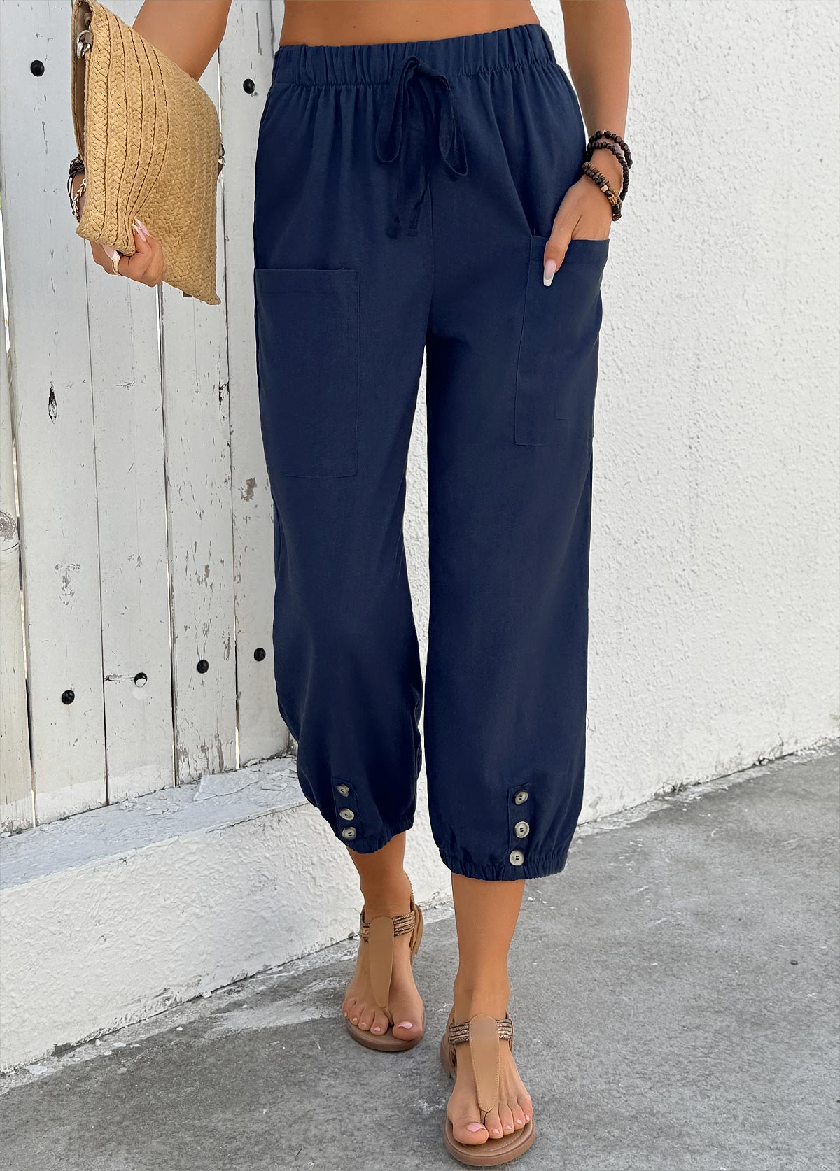 Navy Jogger Elastic Waist High Waisted Pants
