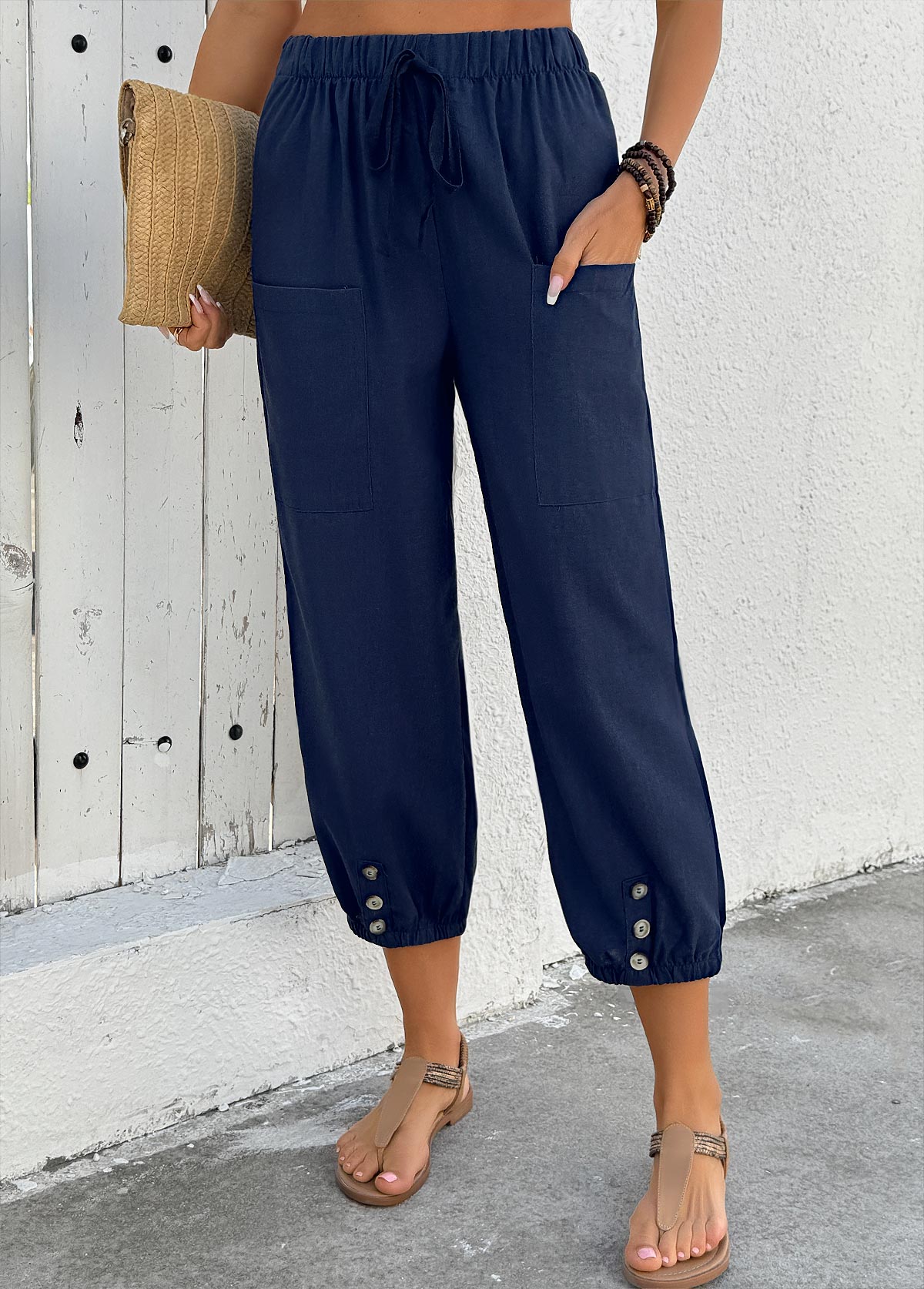 Navy Jogger Elastic Waist High Waisted Pants