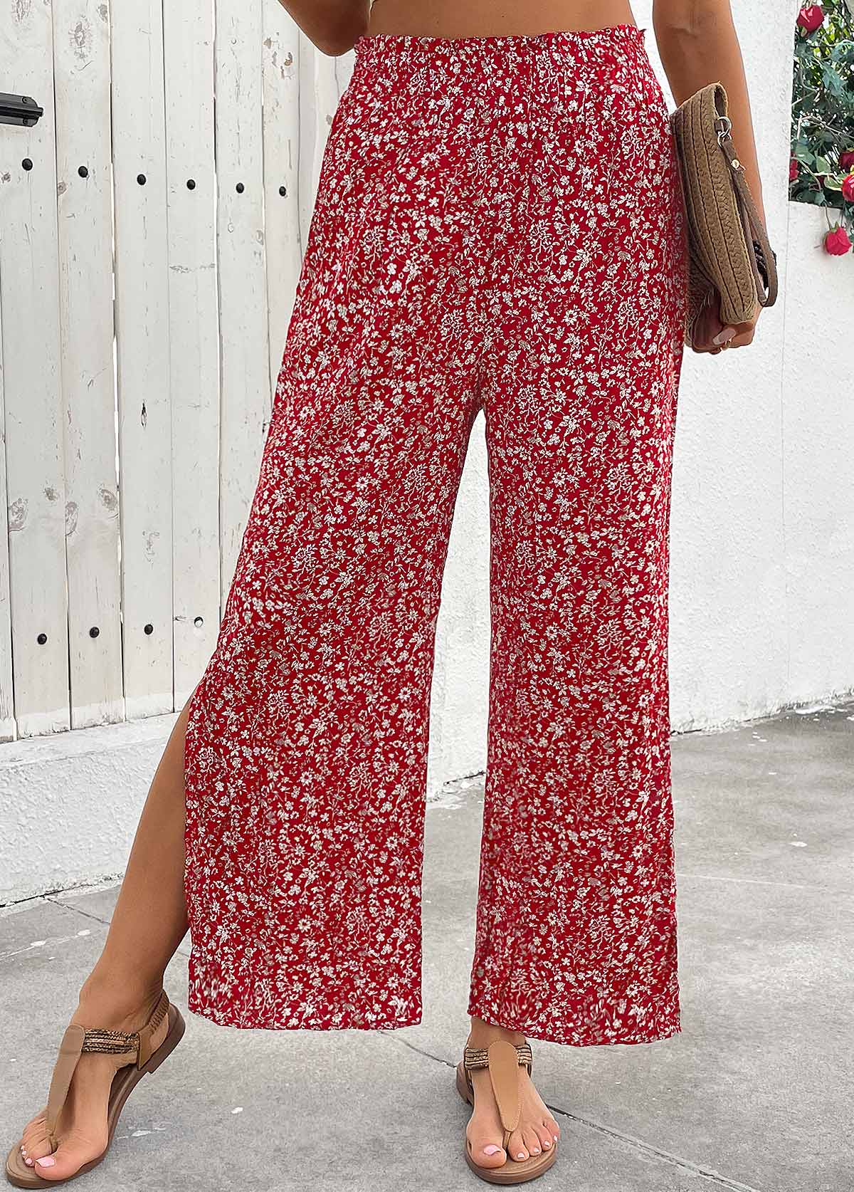 Ditsy Floral Print Flowy Wine Red Wide Leg Pants