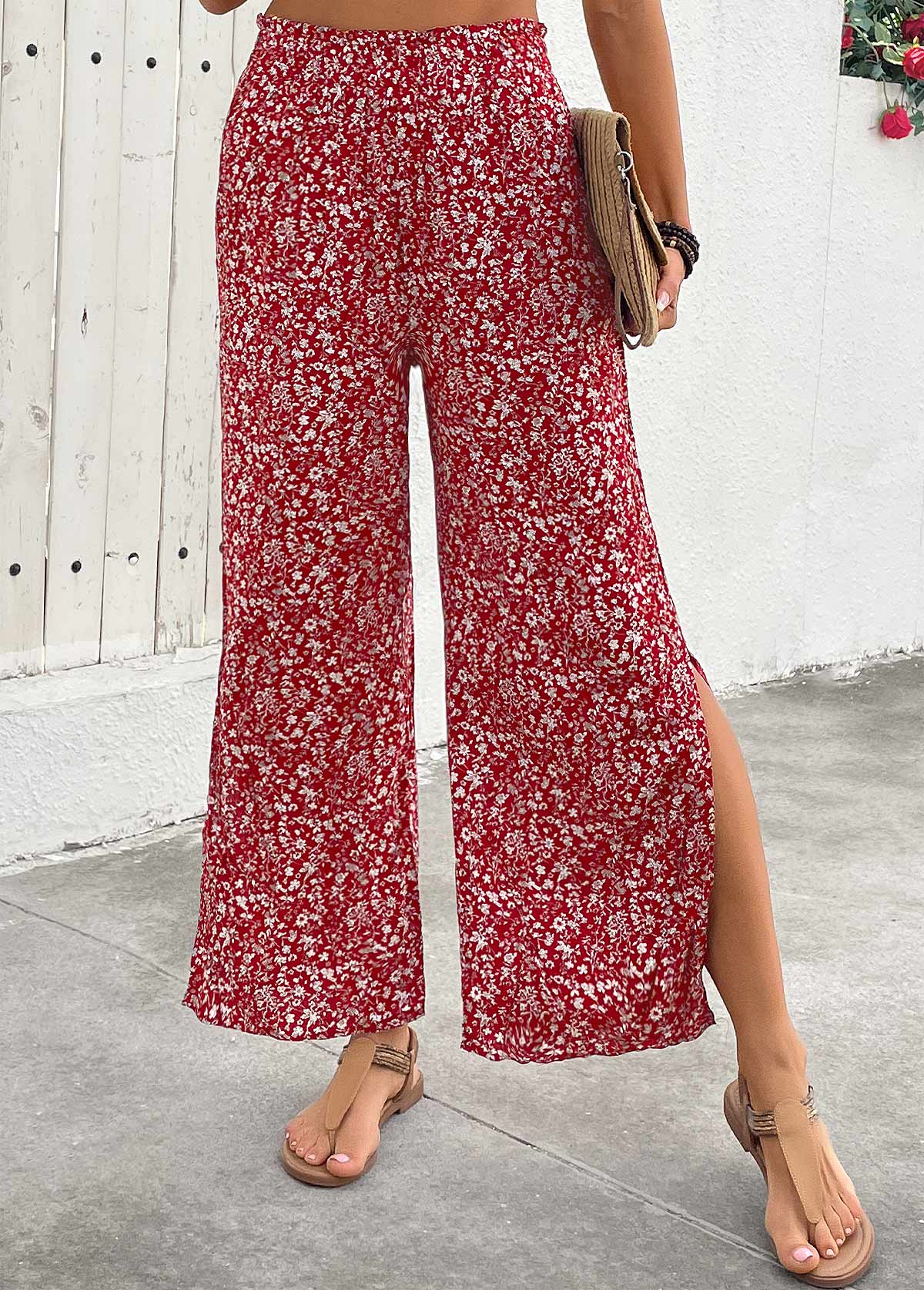 Ditsy Floral Print Flowy Wine Red Wide Leg Pants