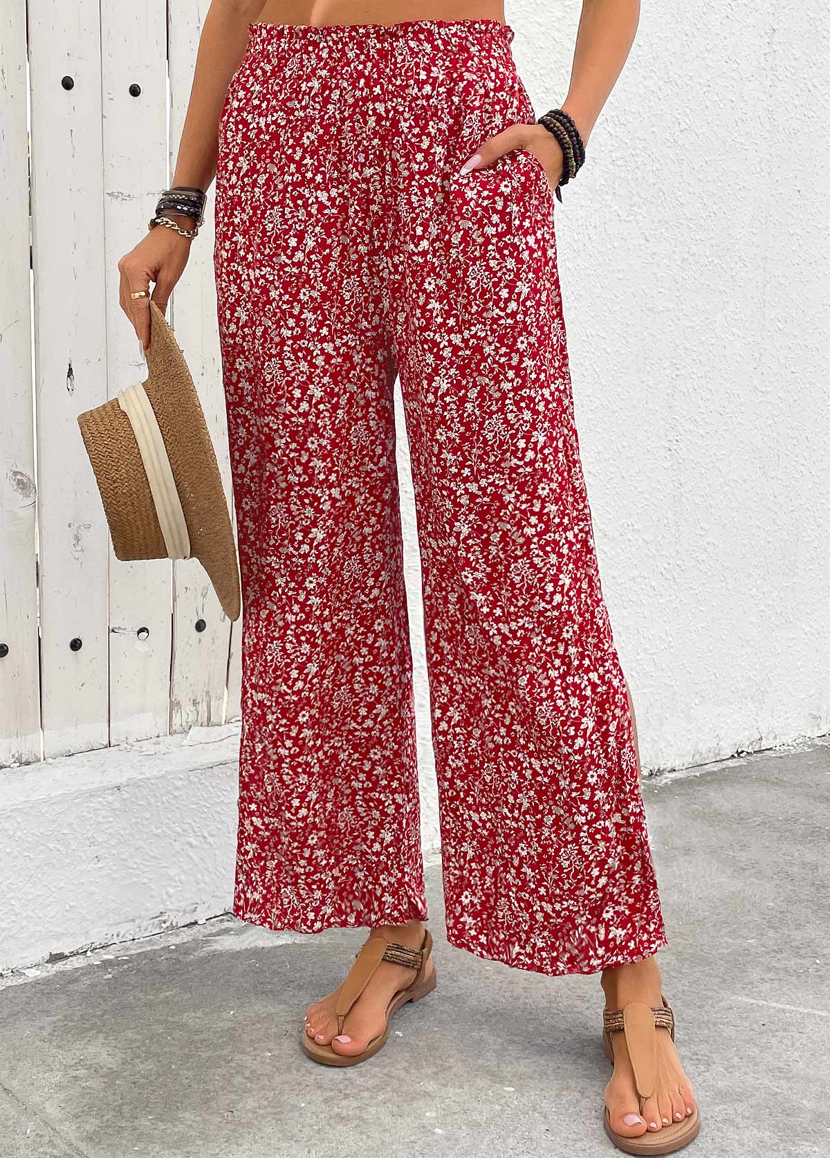 Ditsy Floral Print Flowy Wine Red Wide Leg Pants
