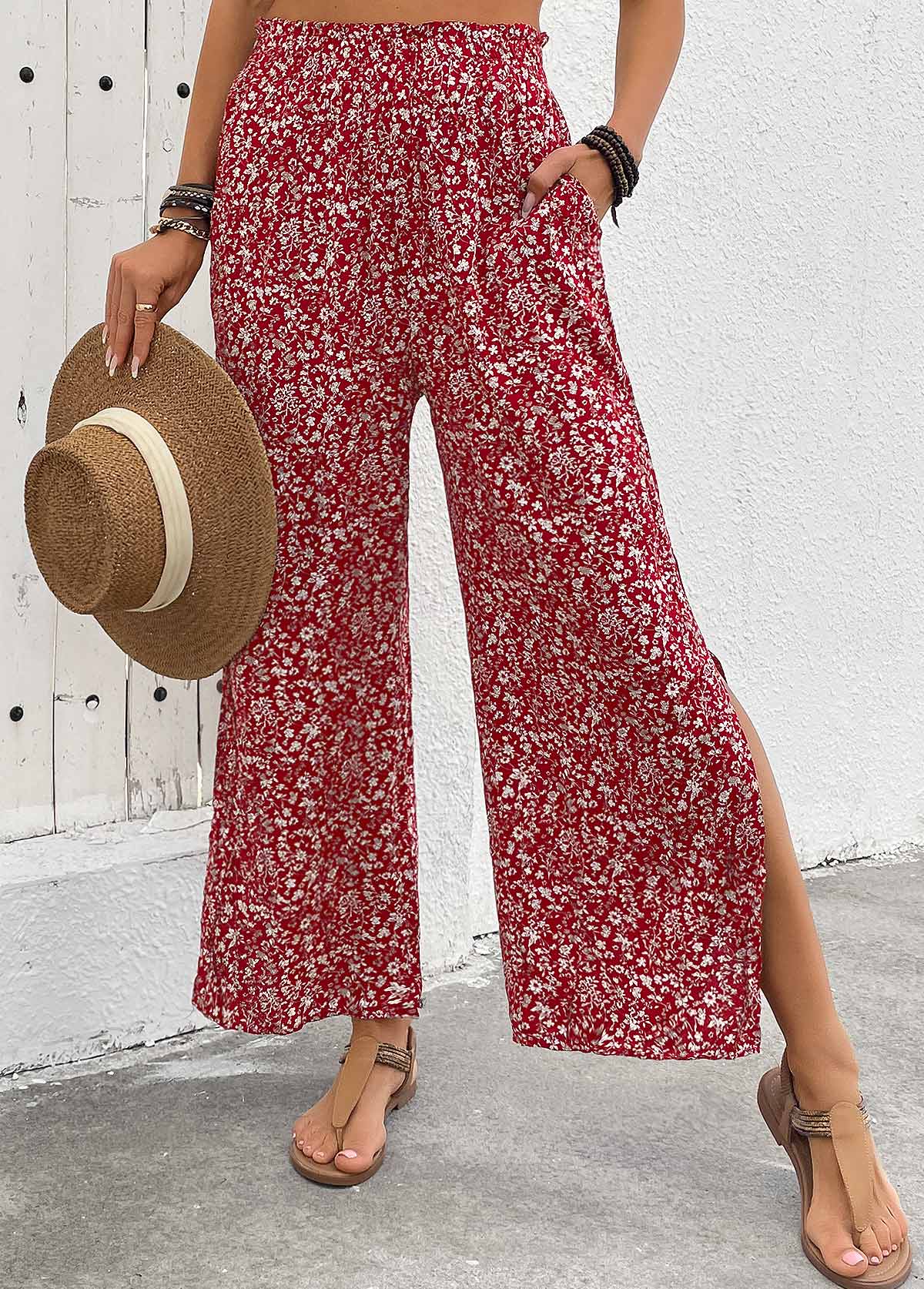 Ditsy Floral Print Flowy Wine Red Wide Leg Pants