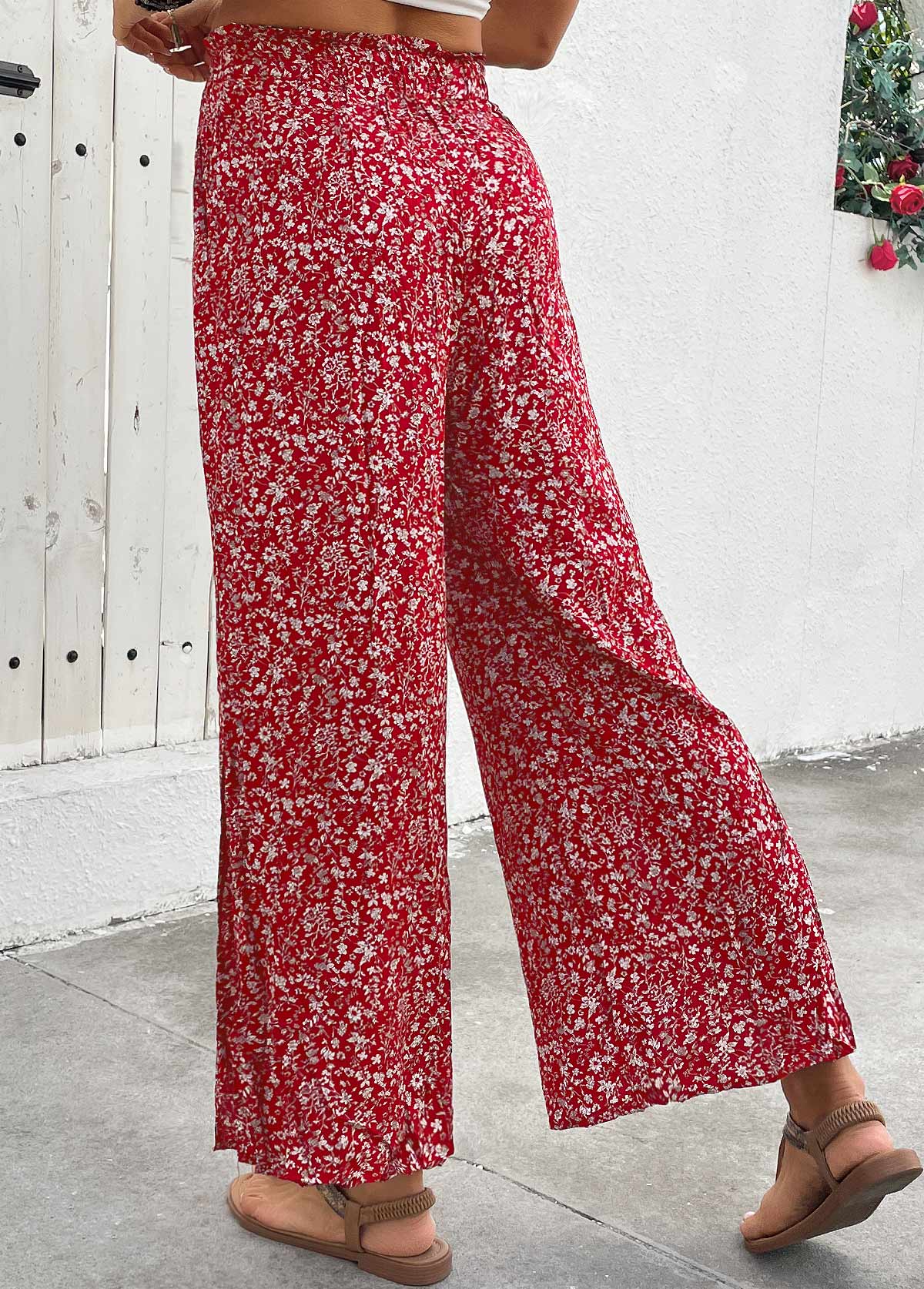 Ditsy Floral Print Flowy Wine Red Wide Leg Pants