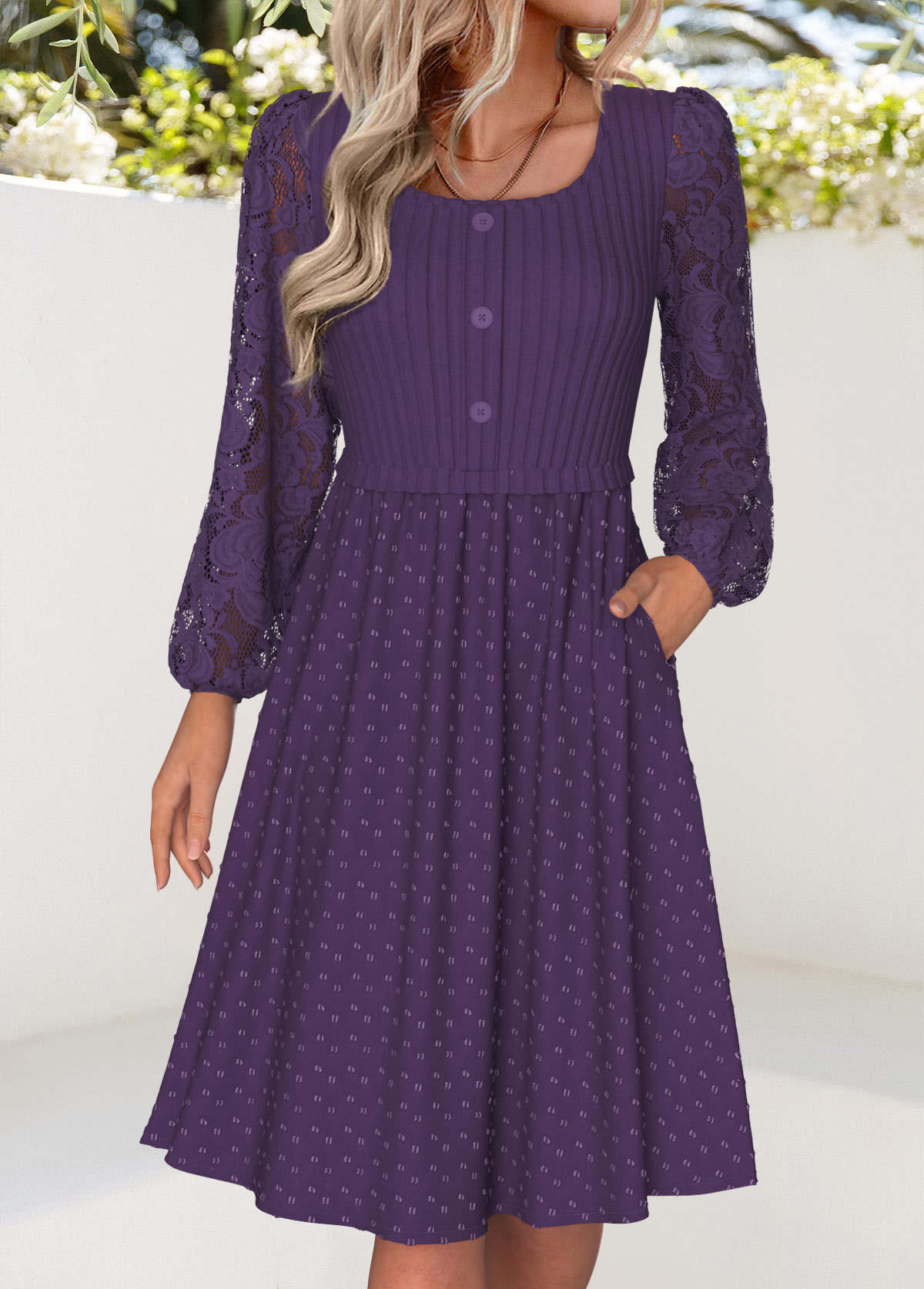 Tummy Coverage Purple Long Sleeve Square Neck Dress