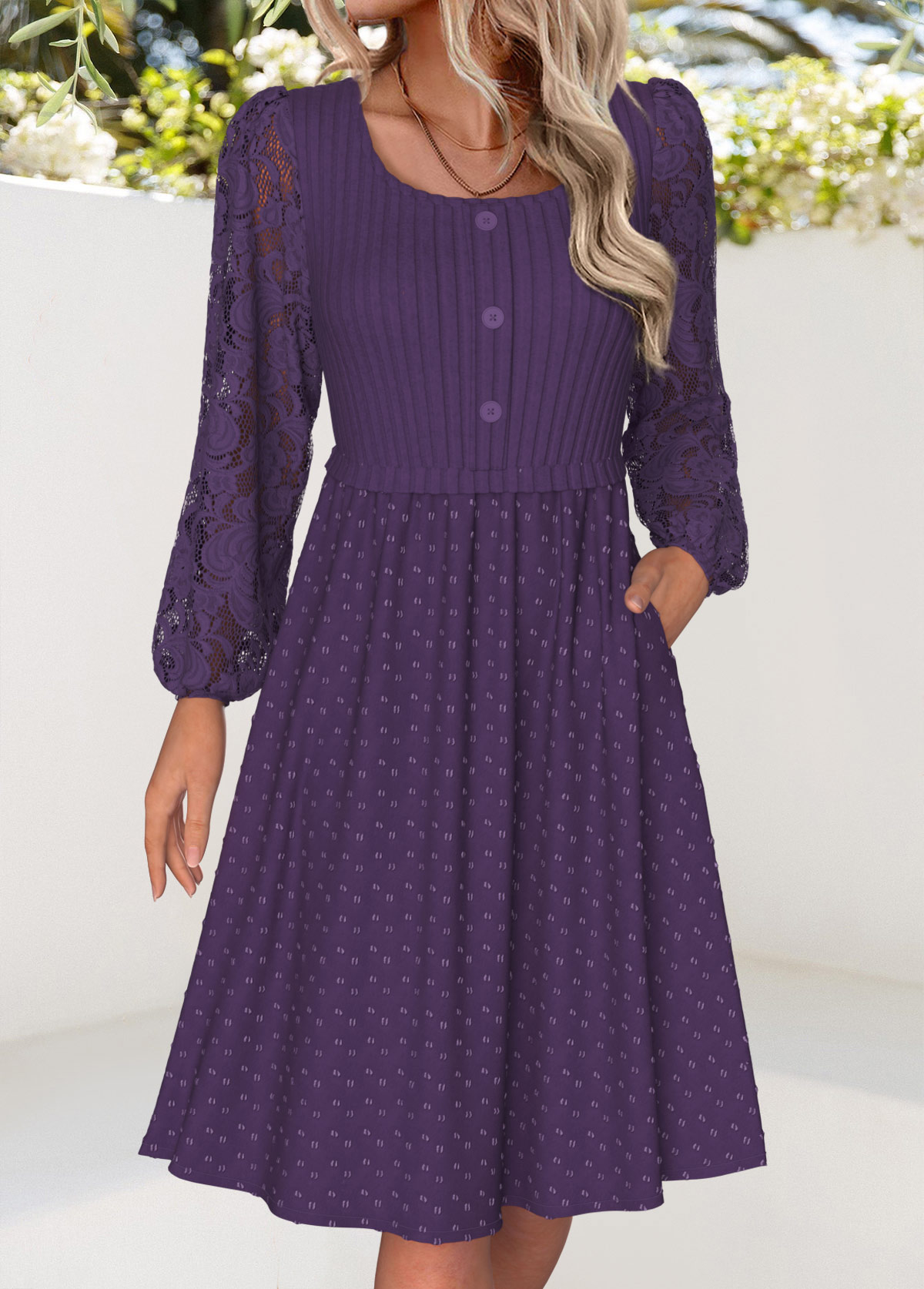 Tummy Coverage Purple Long Sleeve Square Neck Dress