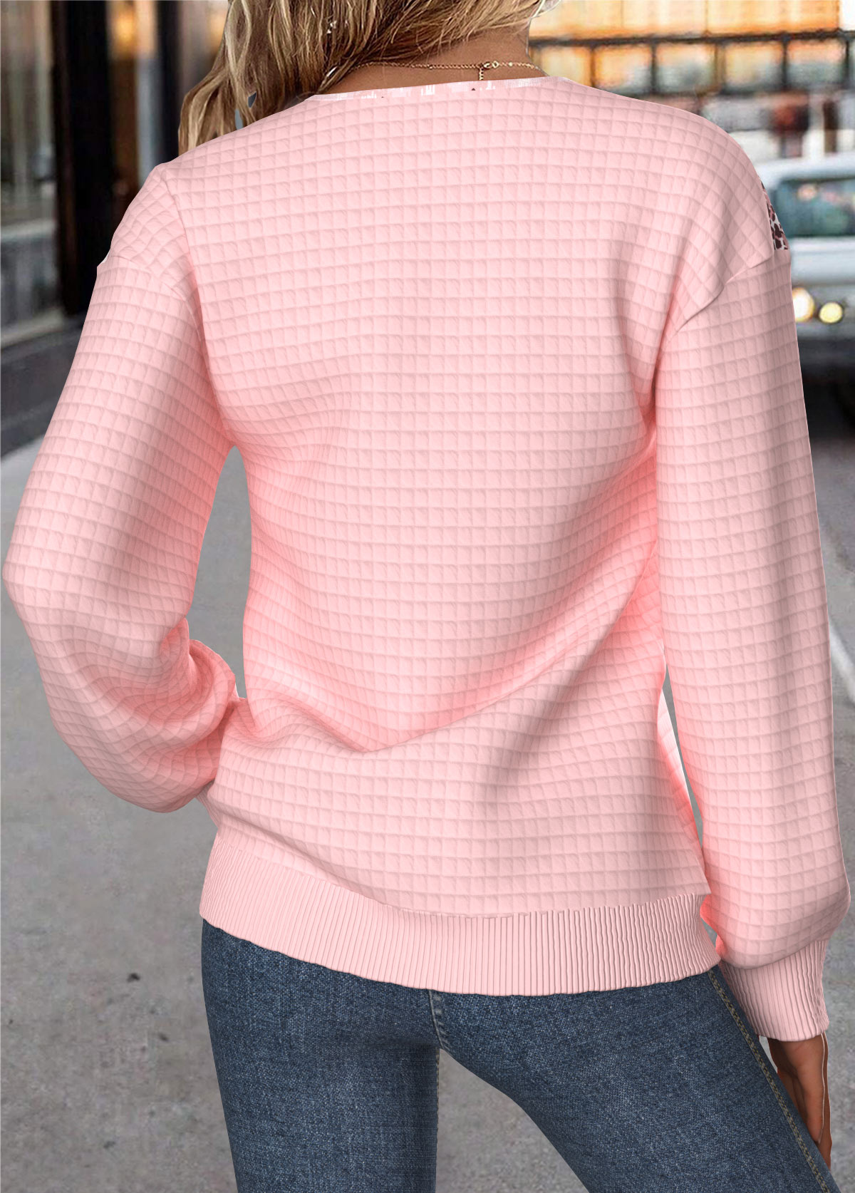 Geometric Print Tummy Coverage Light Pink Long Sleeve Sweatshirt