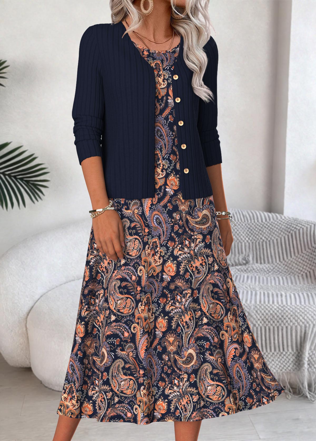 Paisley Print Tummy Coverage Navy Dress and Cardigan