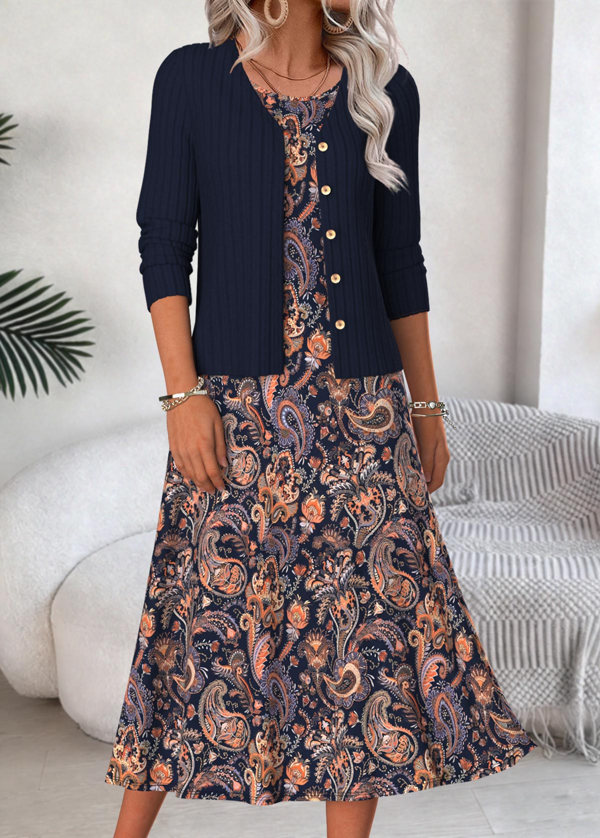 Paisley Print Tummy Coverage Navy Dress and Cardigan