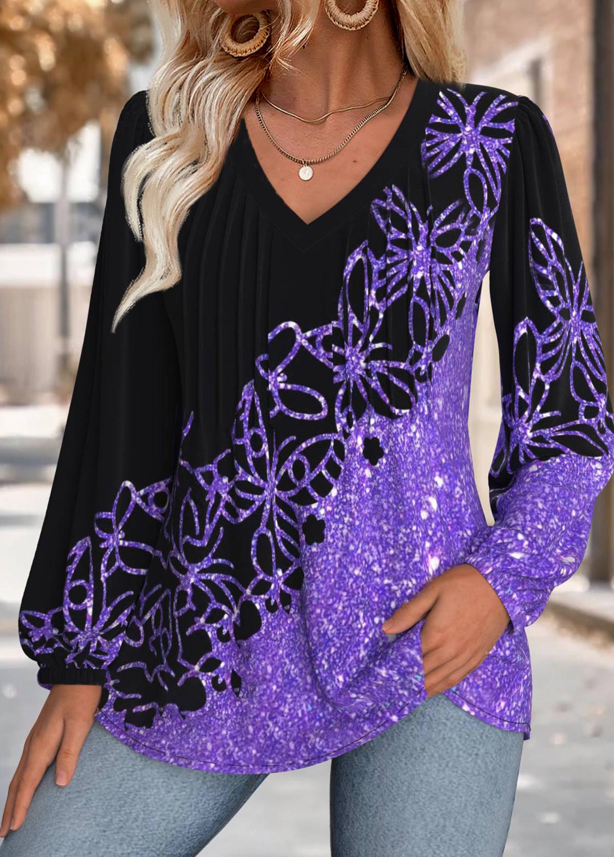 Butterfly Print Tummy Coverage Purple Long Sleeve Blouse