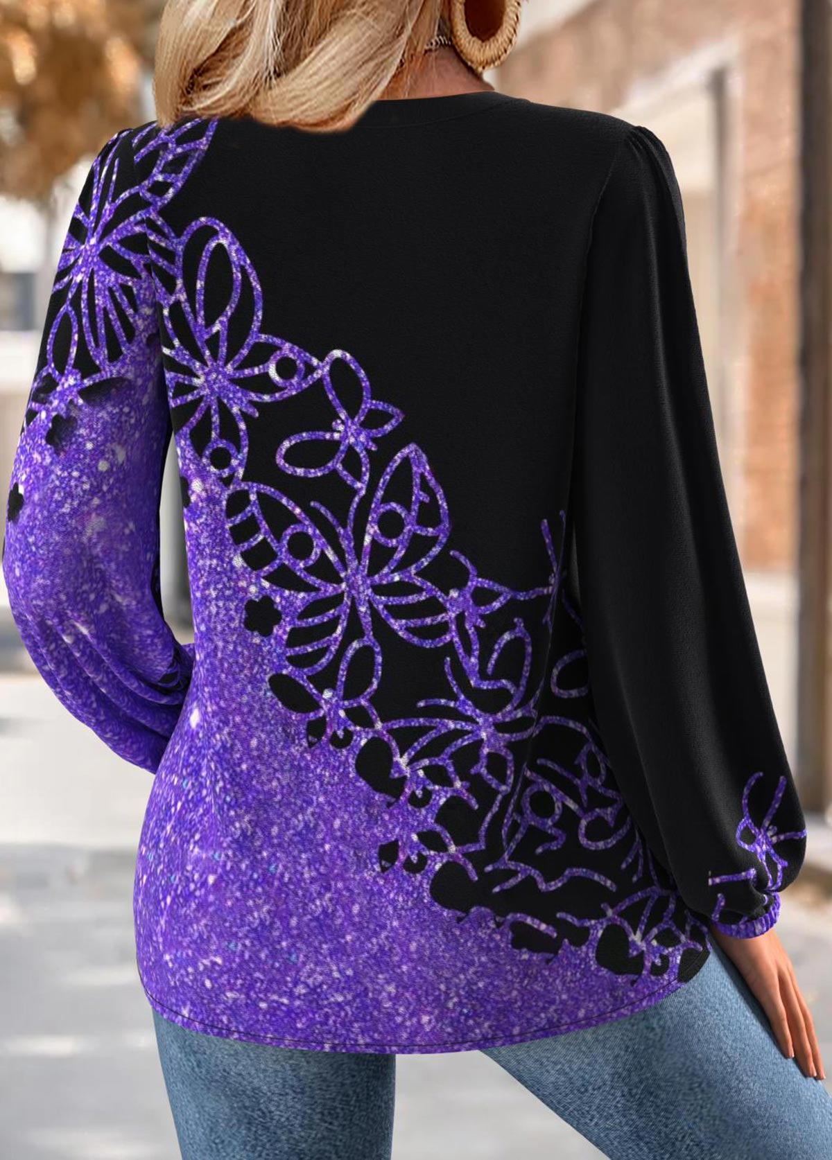 Butterfly Print Tummy Coverage Purple Long Sleeve Blouse