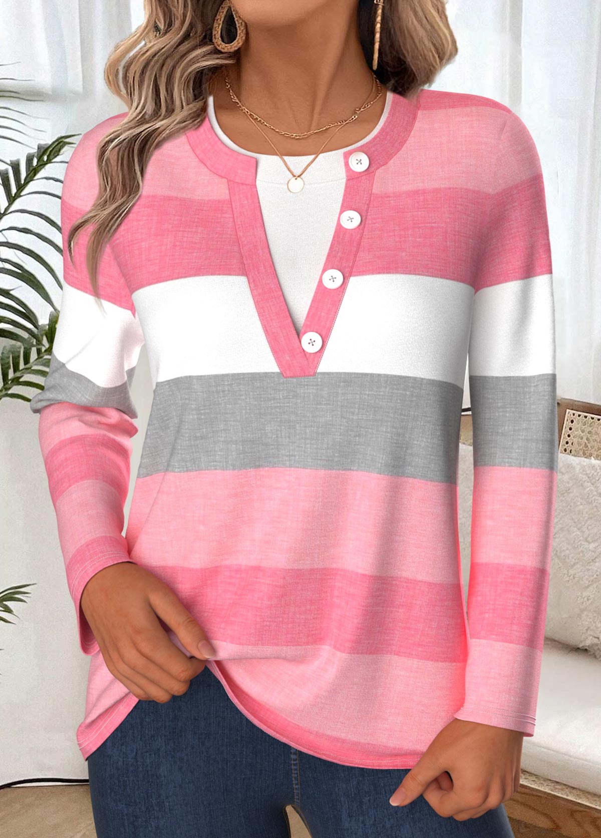 Striped Tummy Coverage Pink Long Sleeve T Shirt