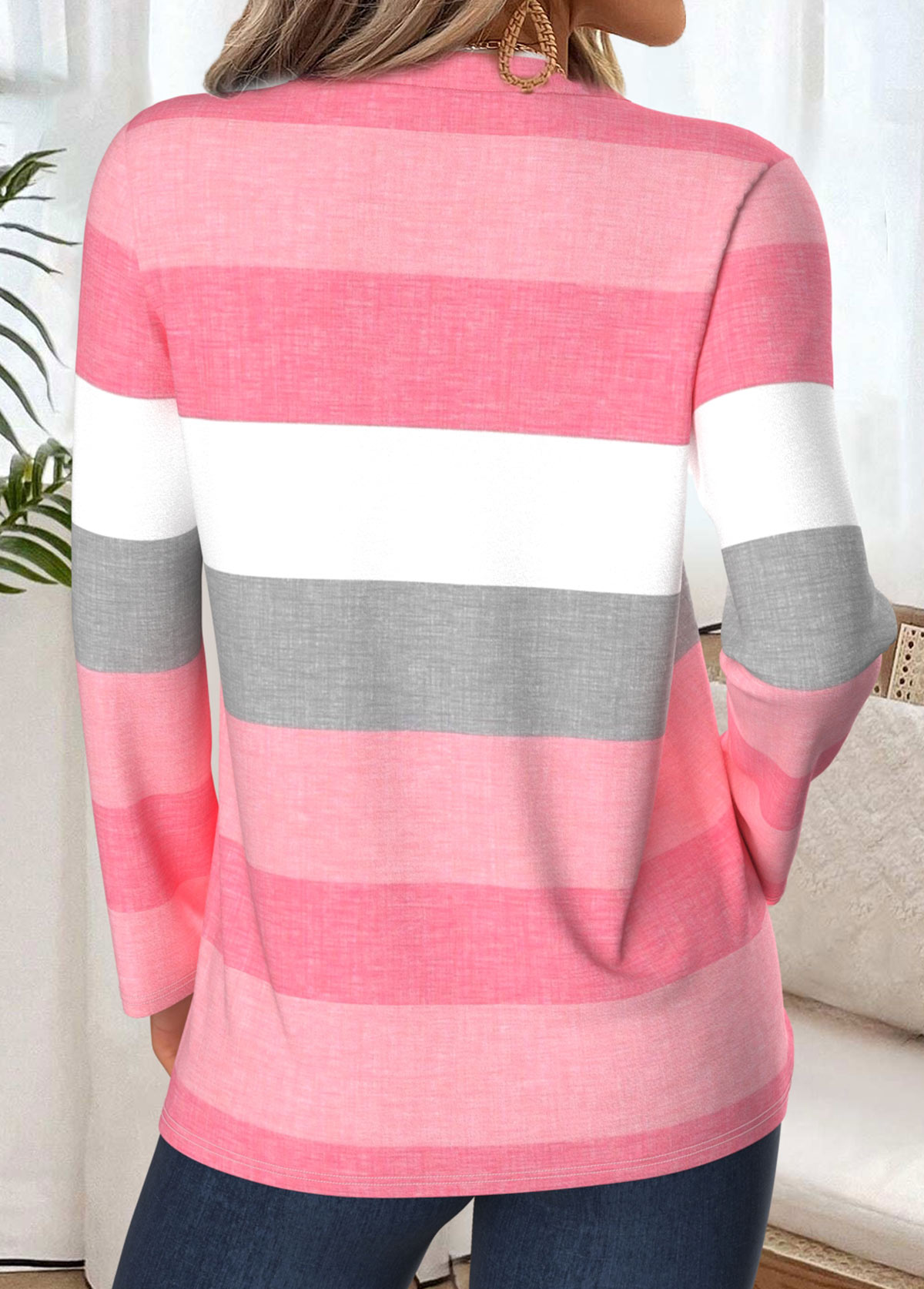 Striped Tummy Coverage Pink Long Sleeve T Shirt