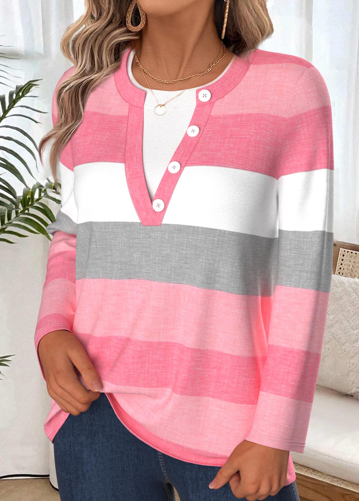 Striped Tummy Coverage Pink Long Sleeve T Shirt