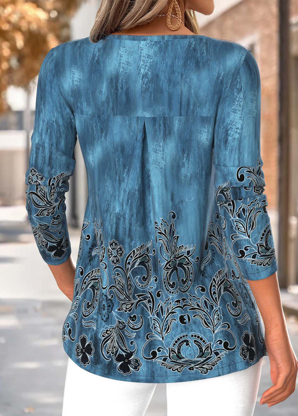 Tribal Print Tummy Coverage Peacock Blue T Shirt