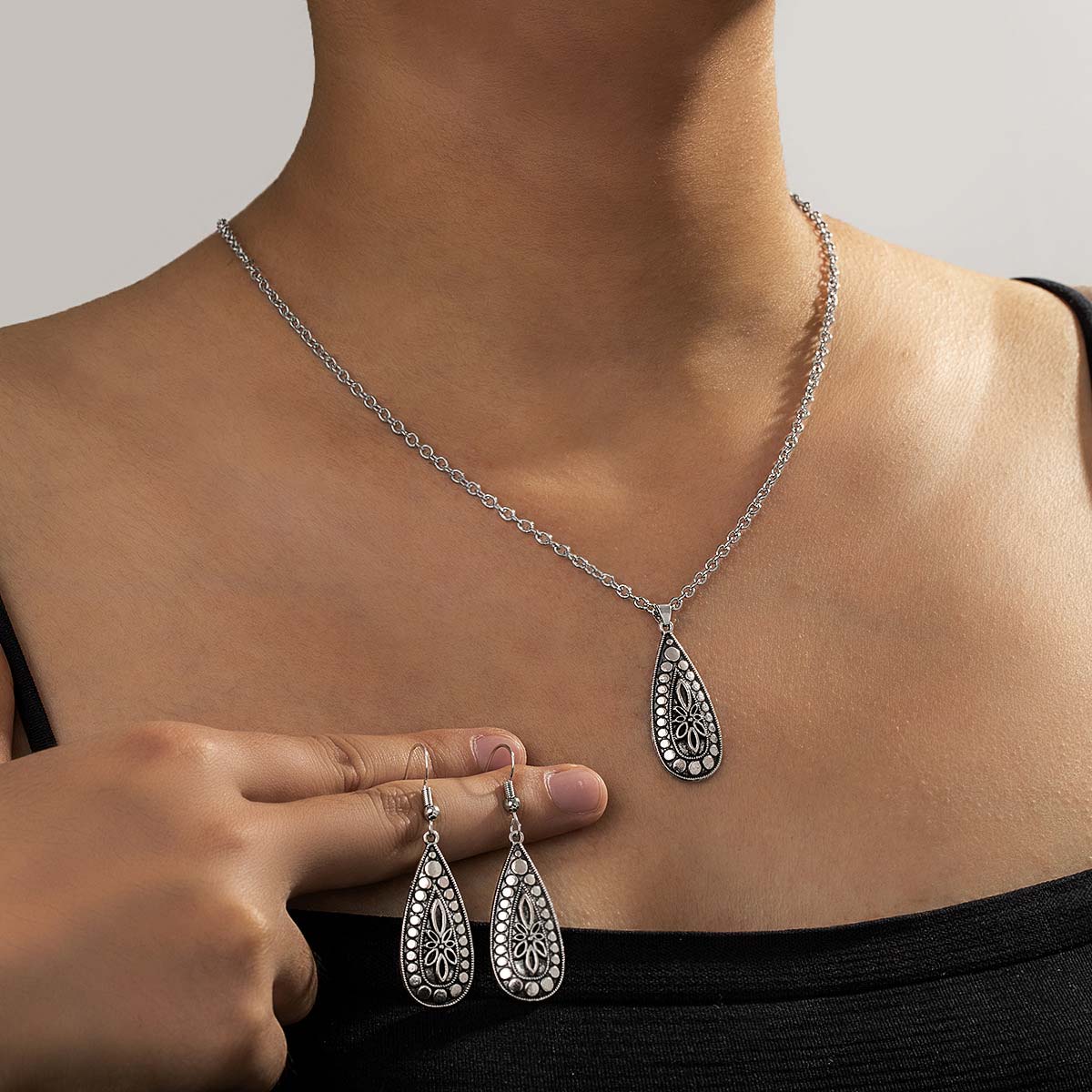 Silver Alloy Tribal Earrings and Necklace
