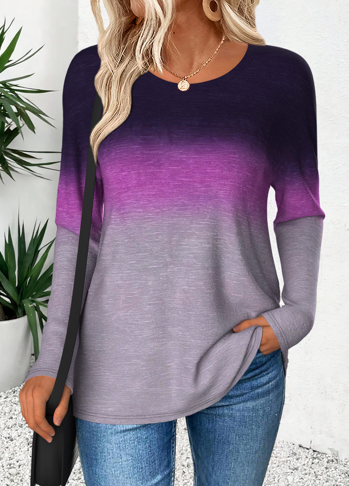 Ombre Curved Hem Purple Long Sleeve T Shirt