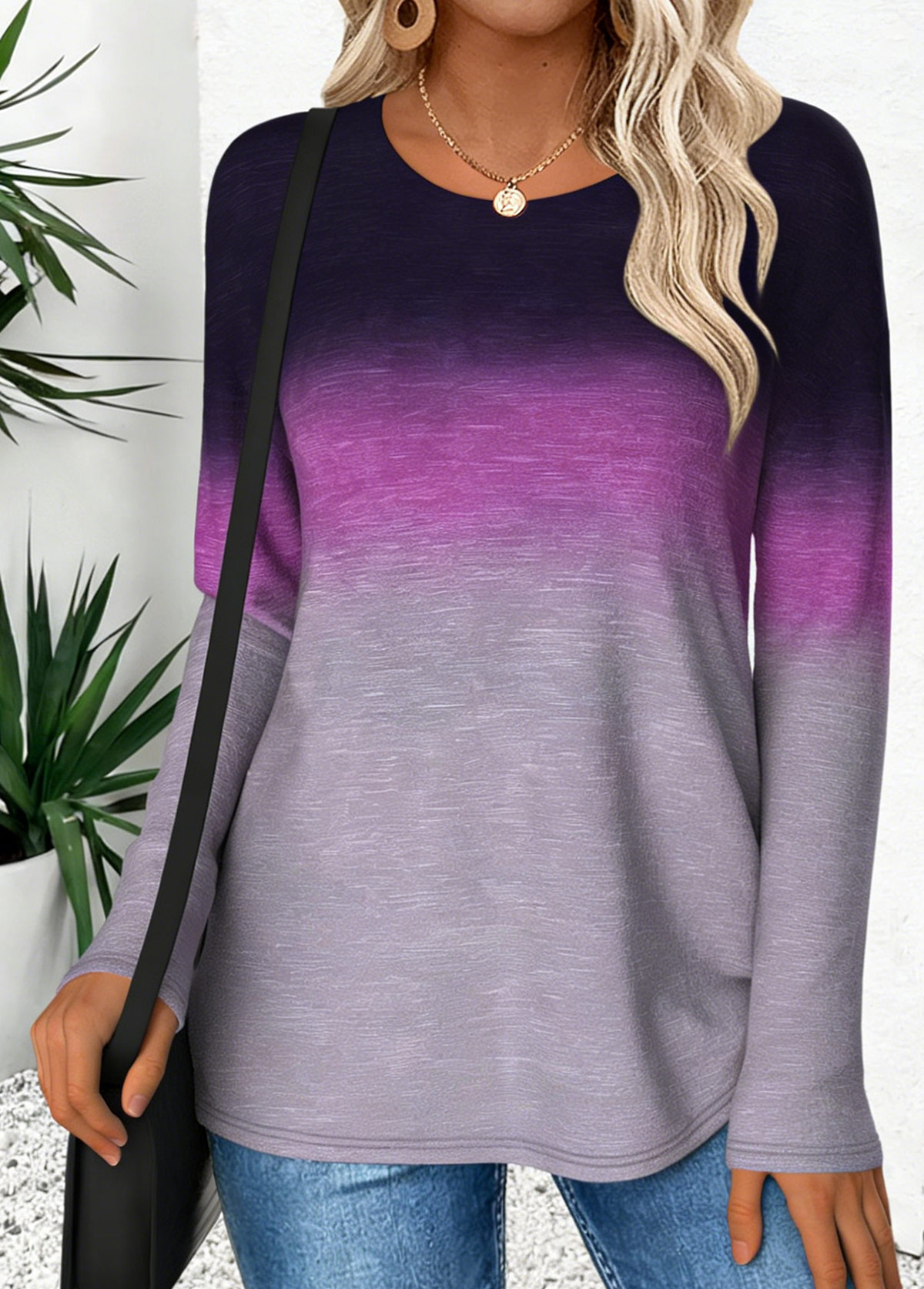 Ombre Curved Hem Purple Long Sleeve T Shirt