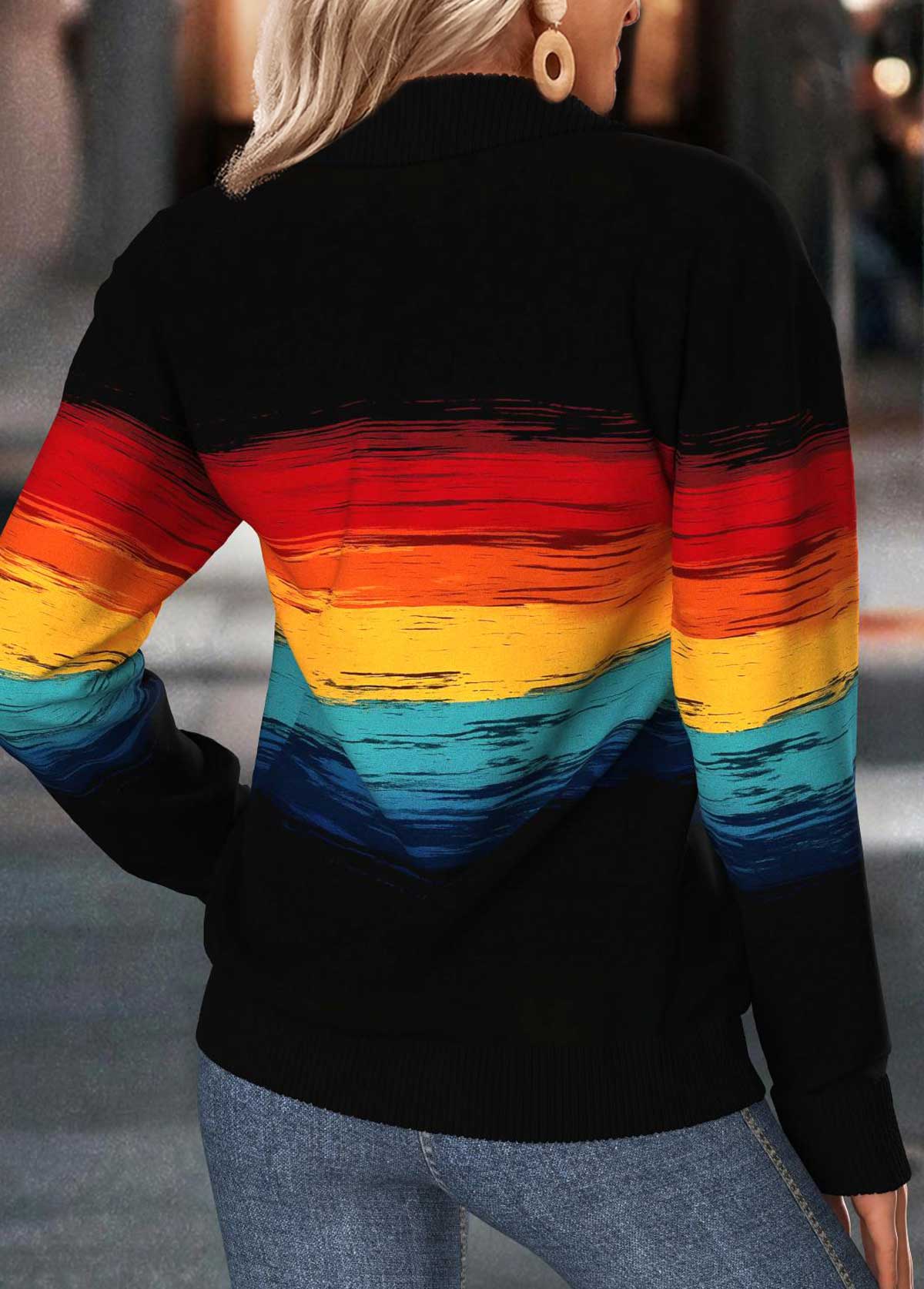 Multi Stripe Print Tummy Coverage Long Sleeve Sweatshirt