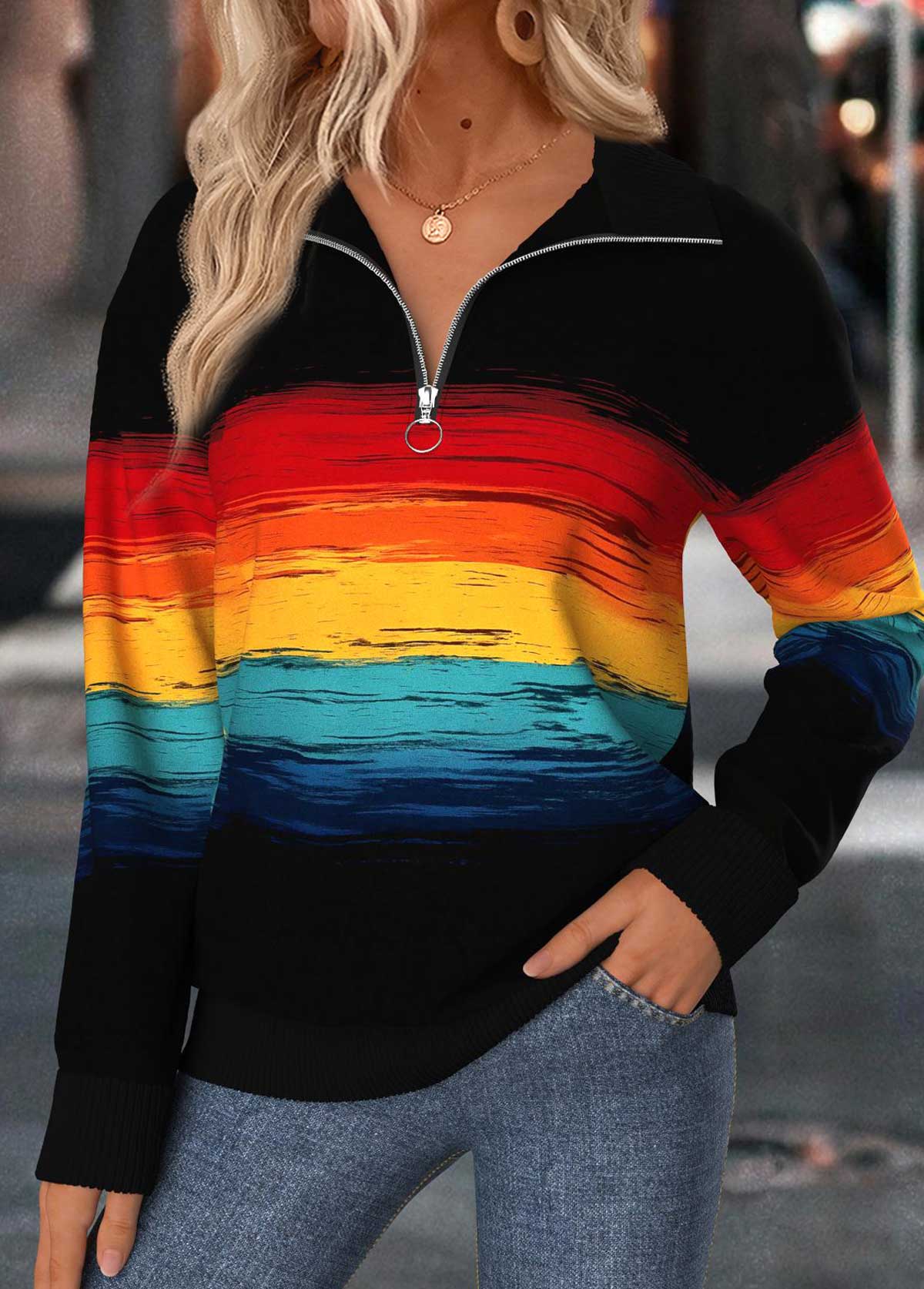 Multi Stripe Print Tummy Coverage Long Sleeve Sweatshirt