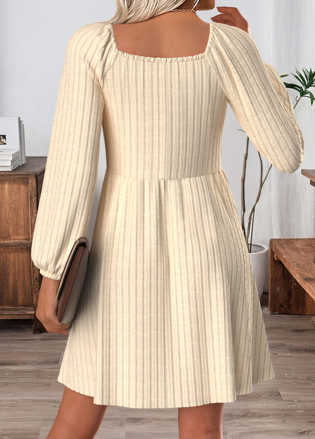 Tummy Coverage Beige Short Long Sleeve V Neck Dress