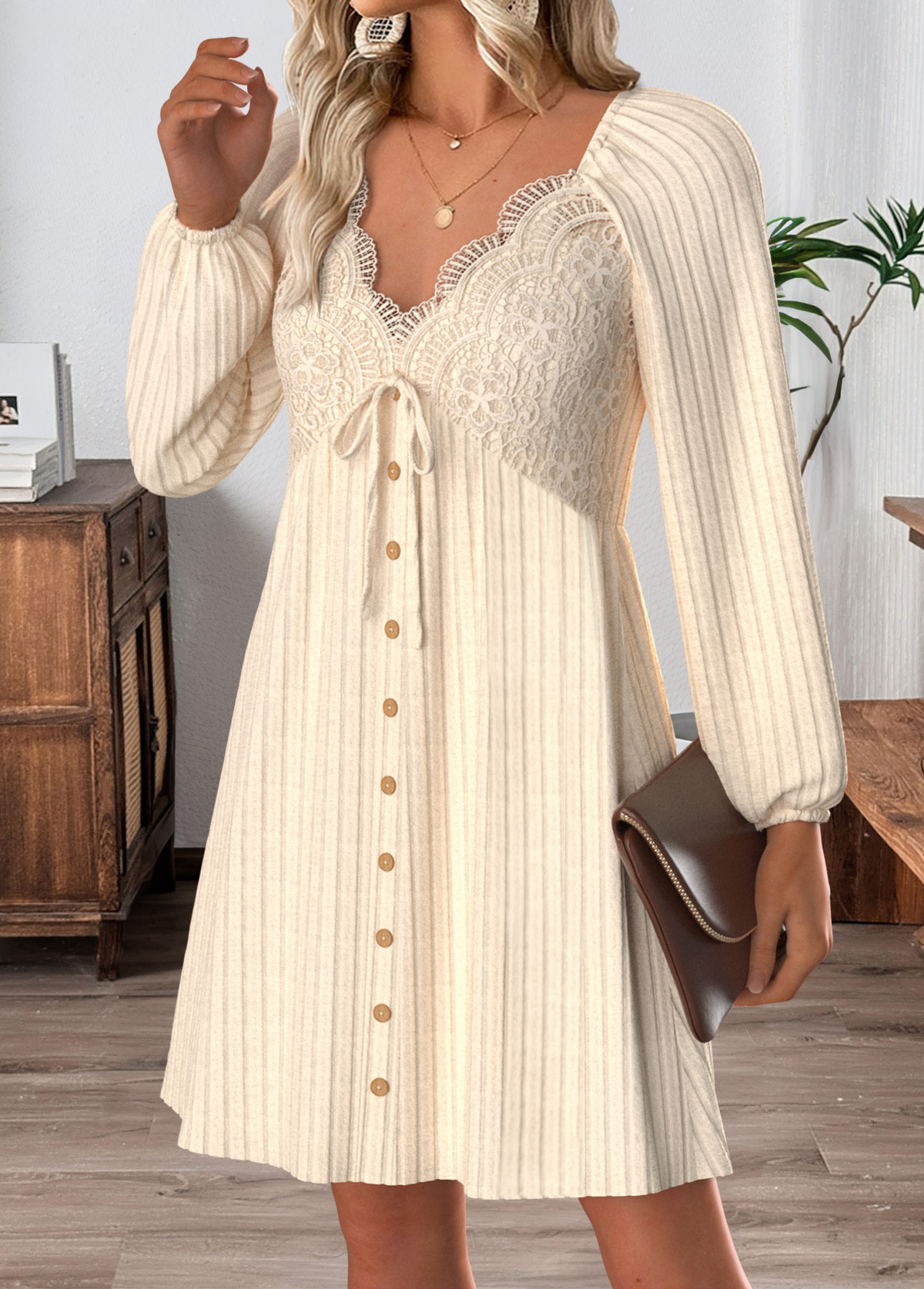Tummy Coverage Beige Short Long Sleeve V Neck Dress