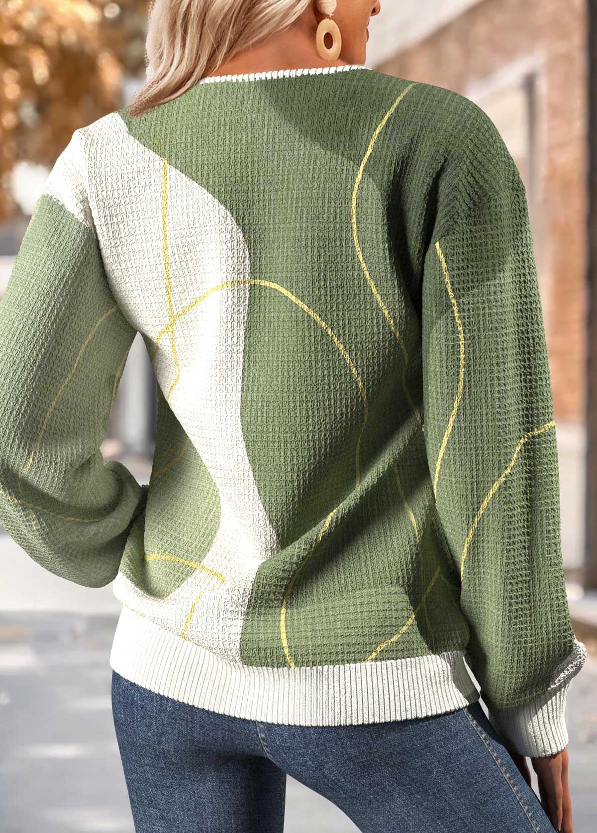 Geometric Print Tummy Coverage Sage Green Long Sleeve Sweatshirt