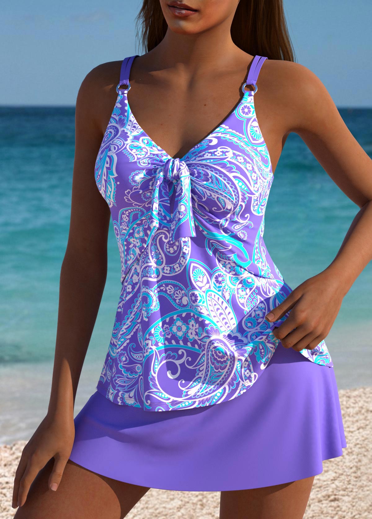 Mid Waisted Paisley Print Tummy Coverage Purple Tankini Set