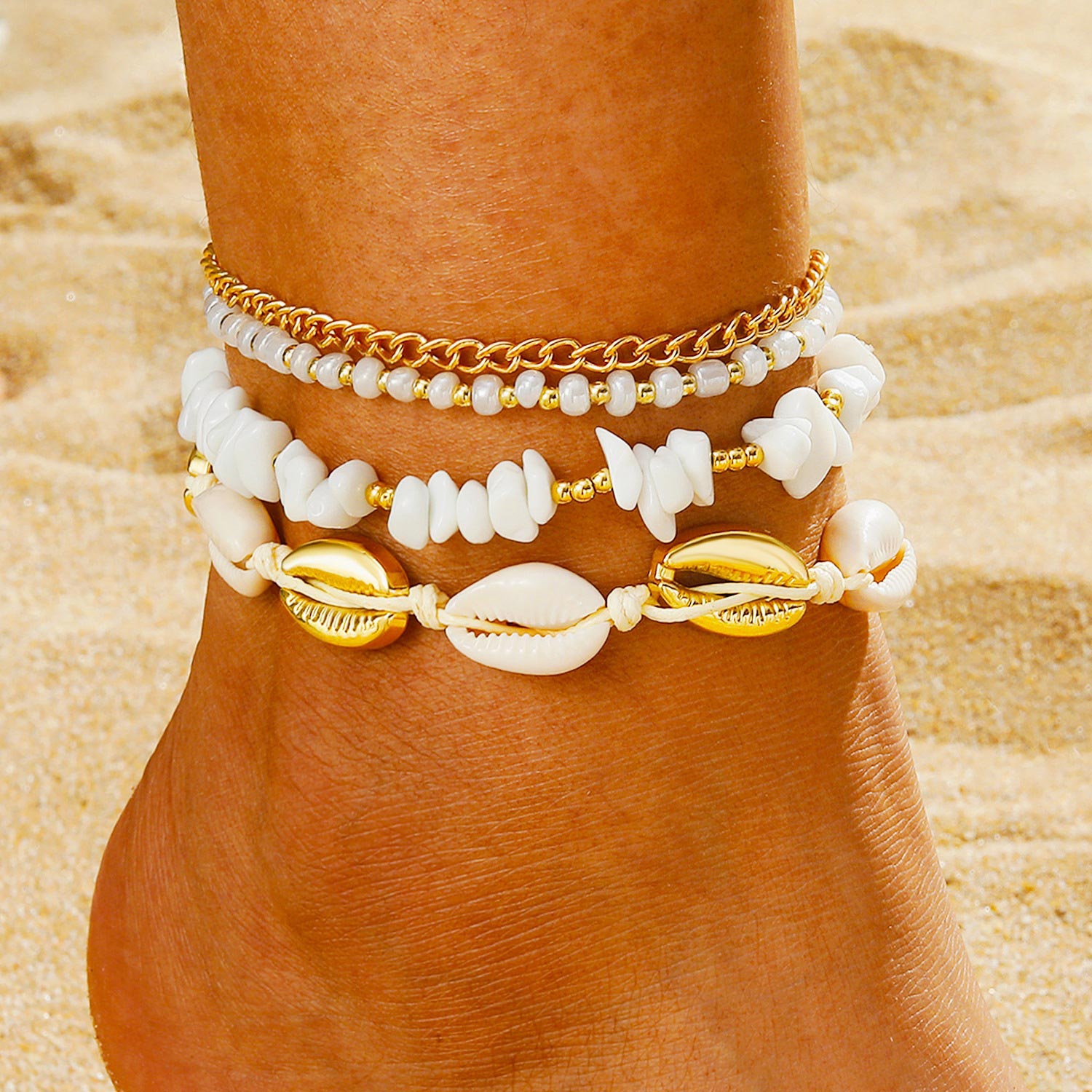 Golden Shell Alloy Beaded Design Anklets