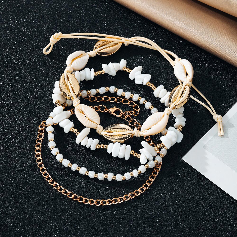 Golden Shell Alloy Beaded Design Anklets