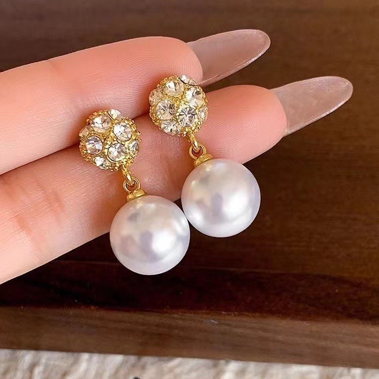Golden Alloy Round Pearl Design Earrings