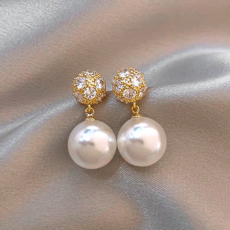 Golden Alloy Round Pearl Design Earrings