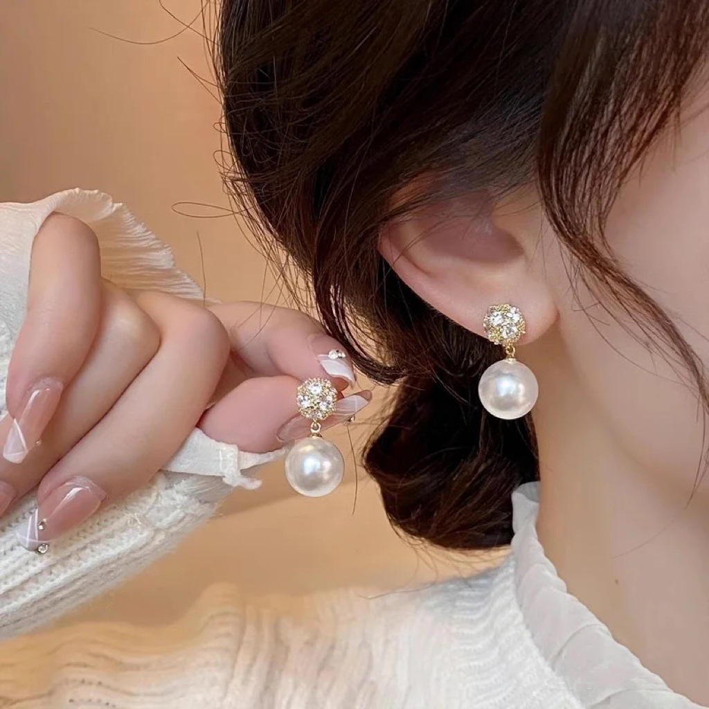 Golden Alloy Round Pearl Design Earrings