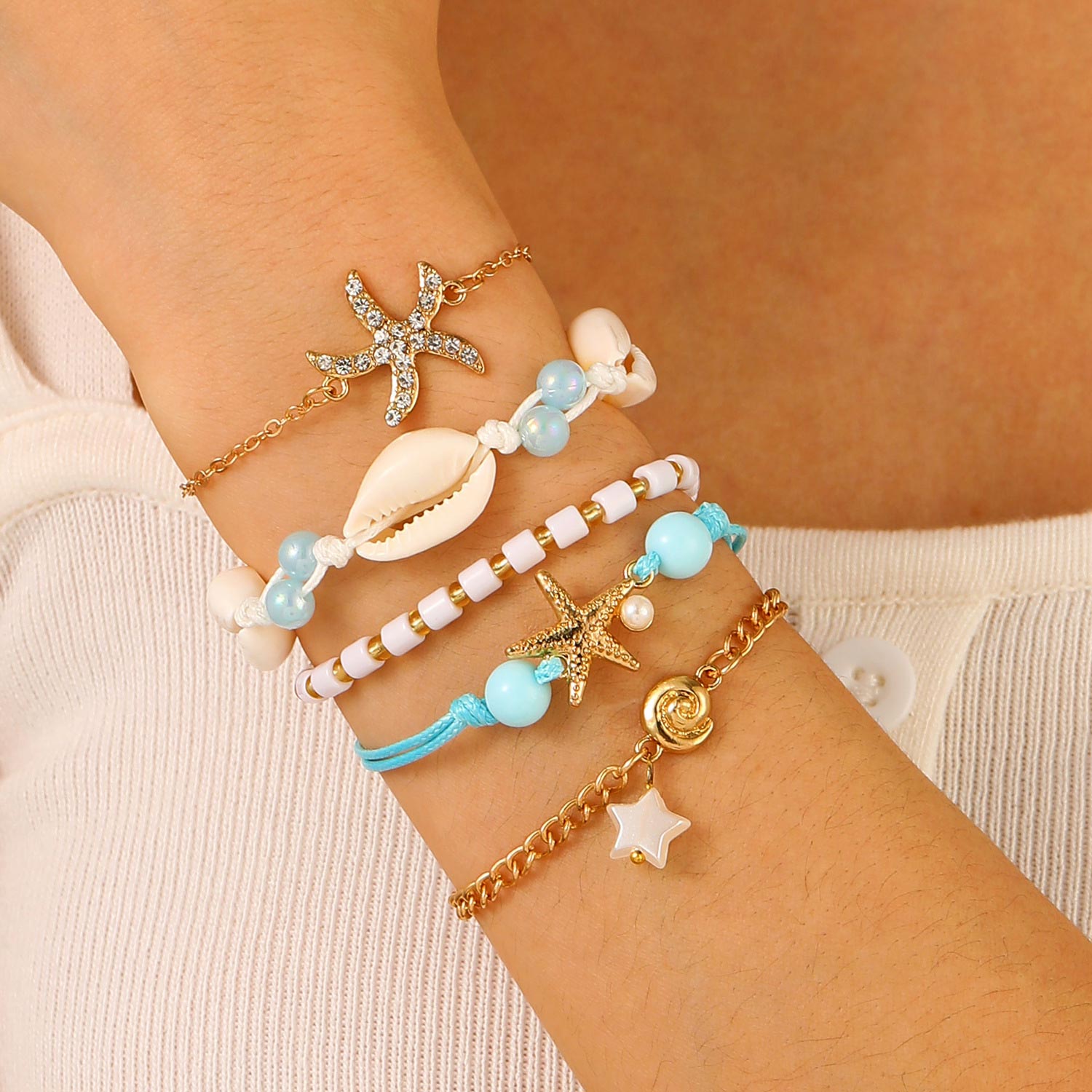 Light Blue Shell Alloy Starfish Bracelets