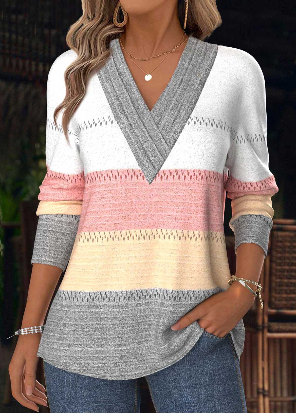 Striped Tummy Coverage Multi Color Long Sleeve T Shirt