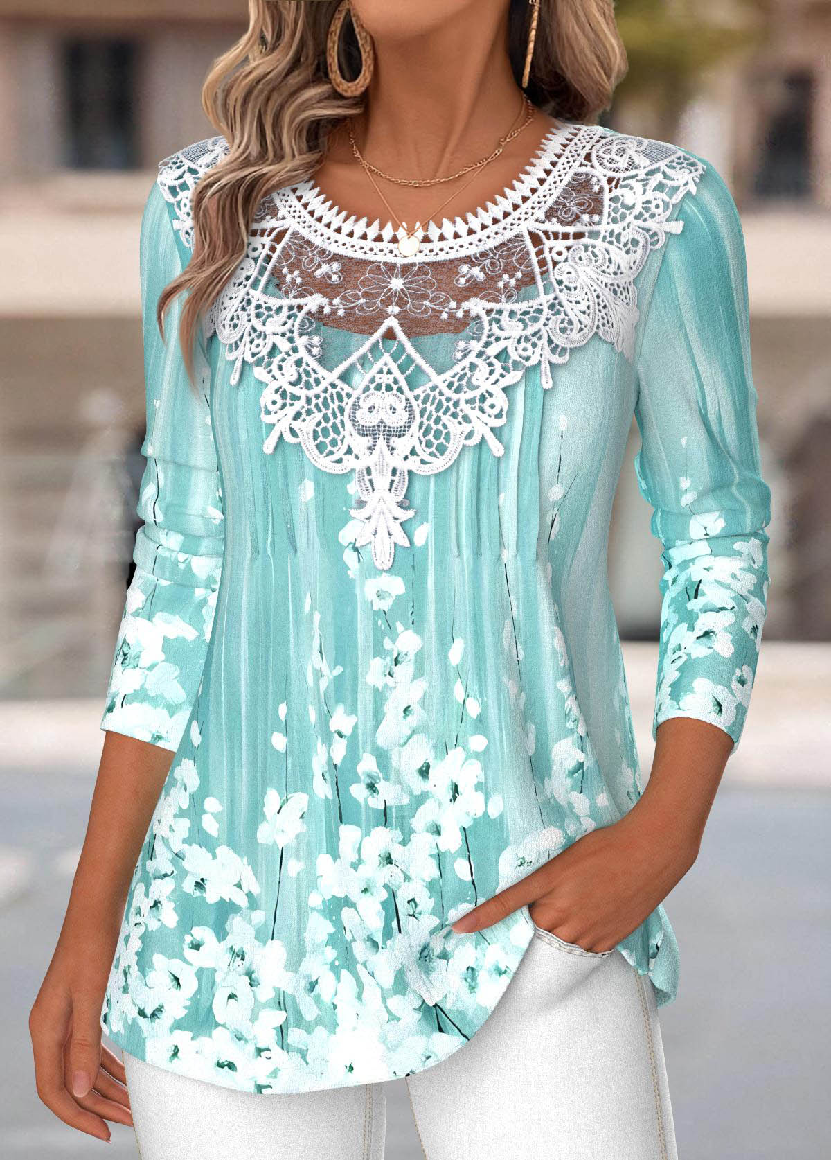 Floral Print Tummy Coverage Cyan Long Sleeve T Shirt