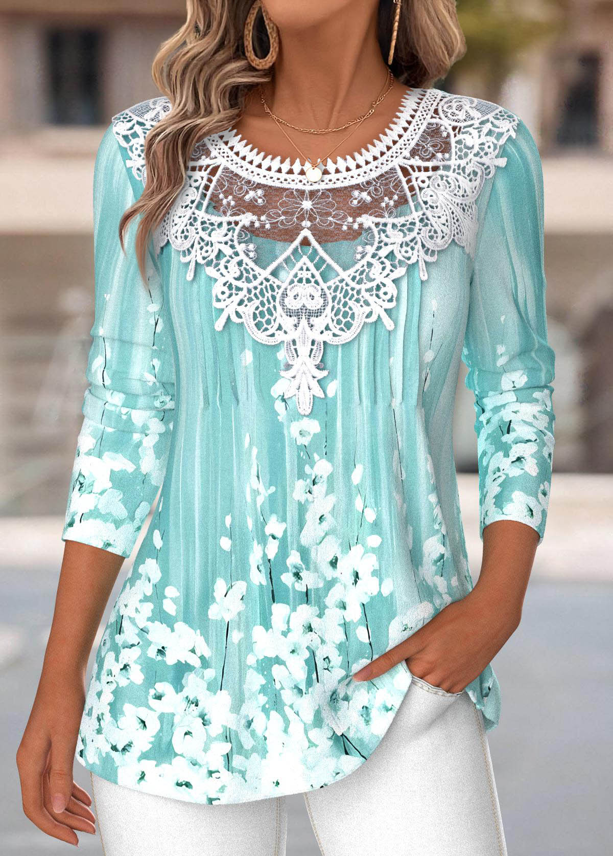 Floral Print Tummy Coverage Cyan Long Sleeve T Shirt