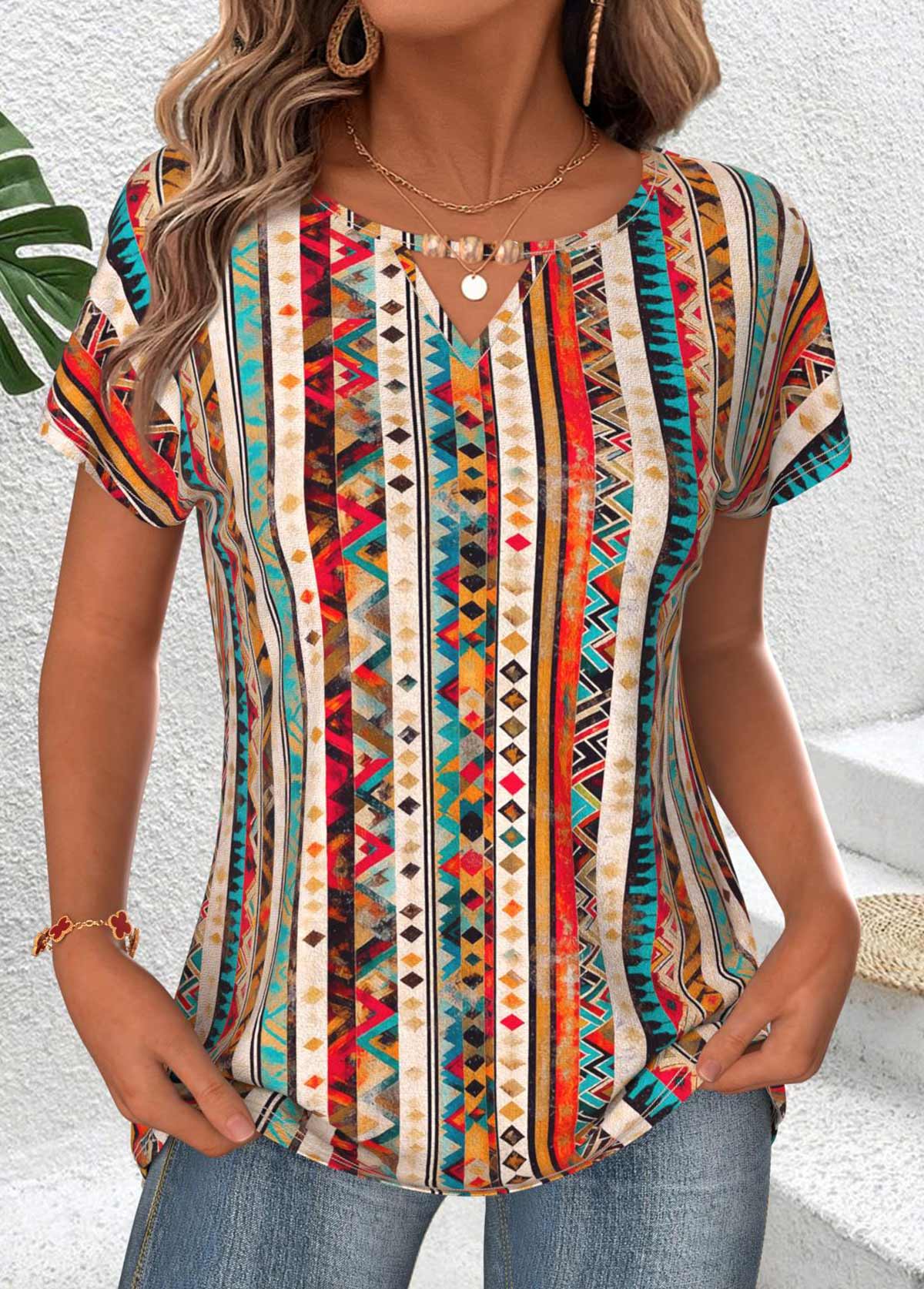 Tribal Print Tummy Coverage Multi Color T Shirt