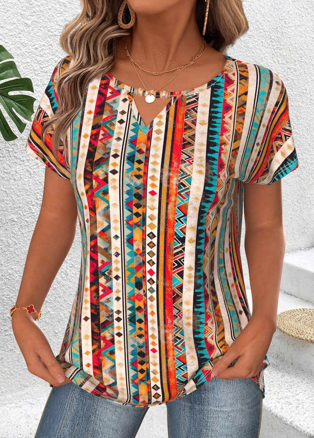 Tribal Print Tummy Coverage Multi Color T Shirt