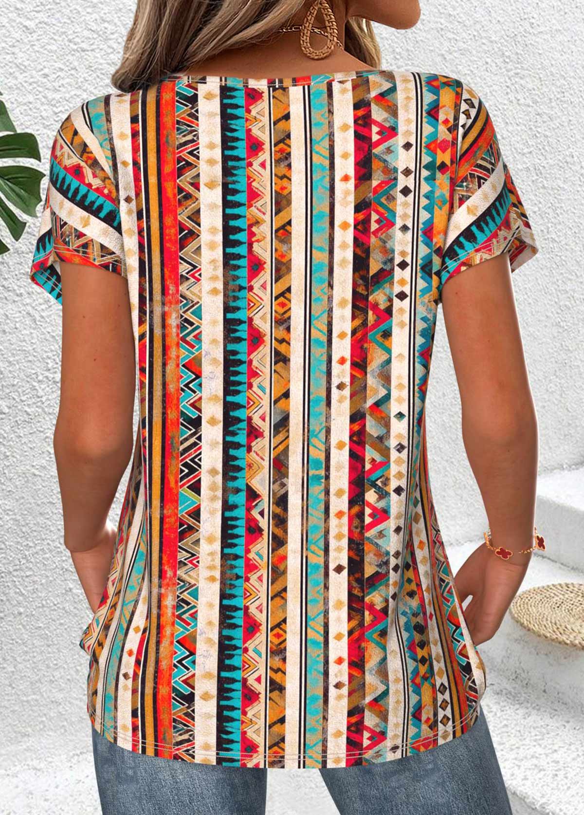 Tribal Print Tummy Coverage Multi Color T Shirt