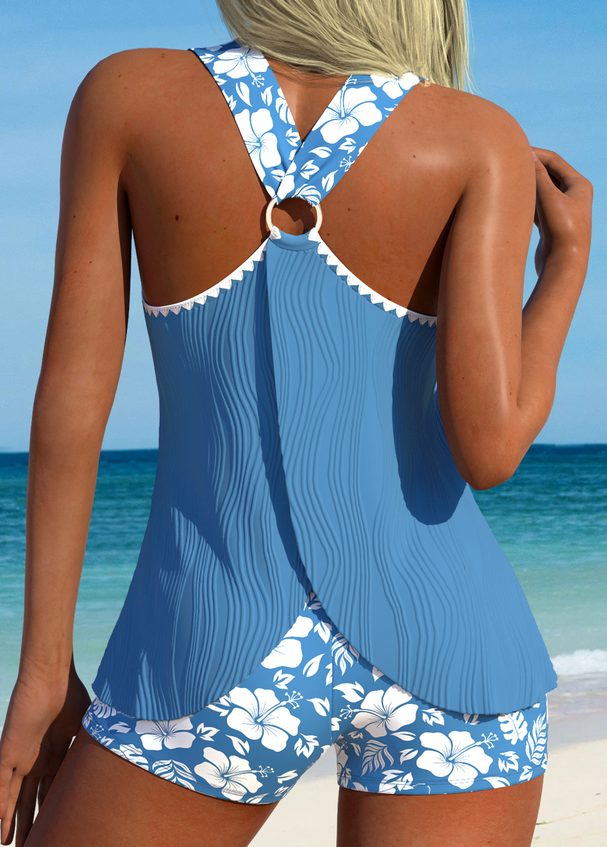 Mid Waisted Floral Print Circular Ring Tankini Set