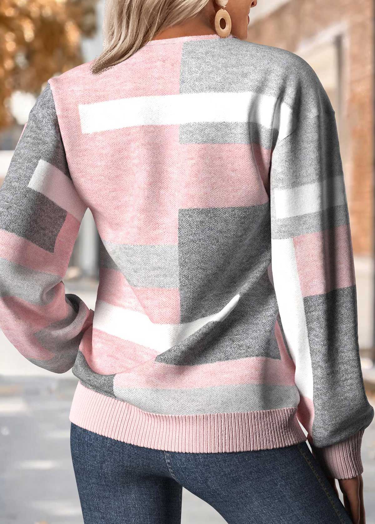 Geometric Print Tummy Coverage Light Pink Long Sleeve Sweatshirt