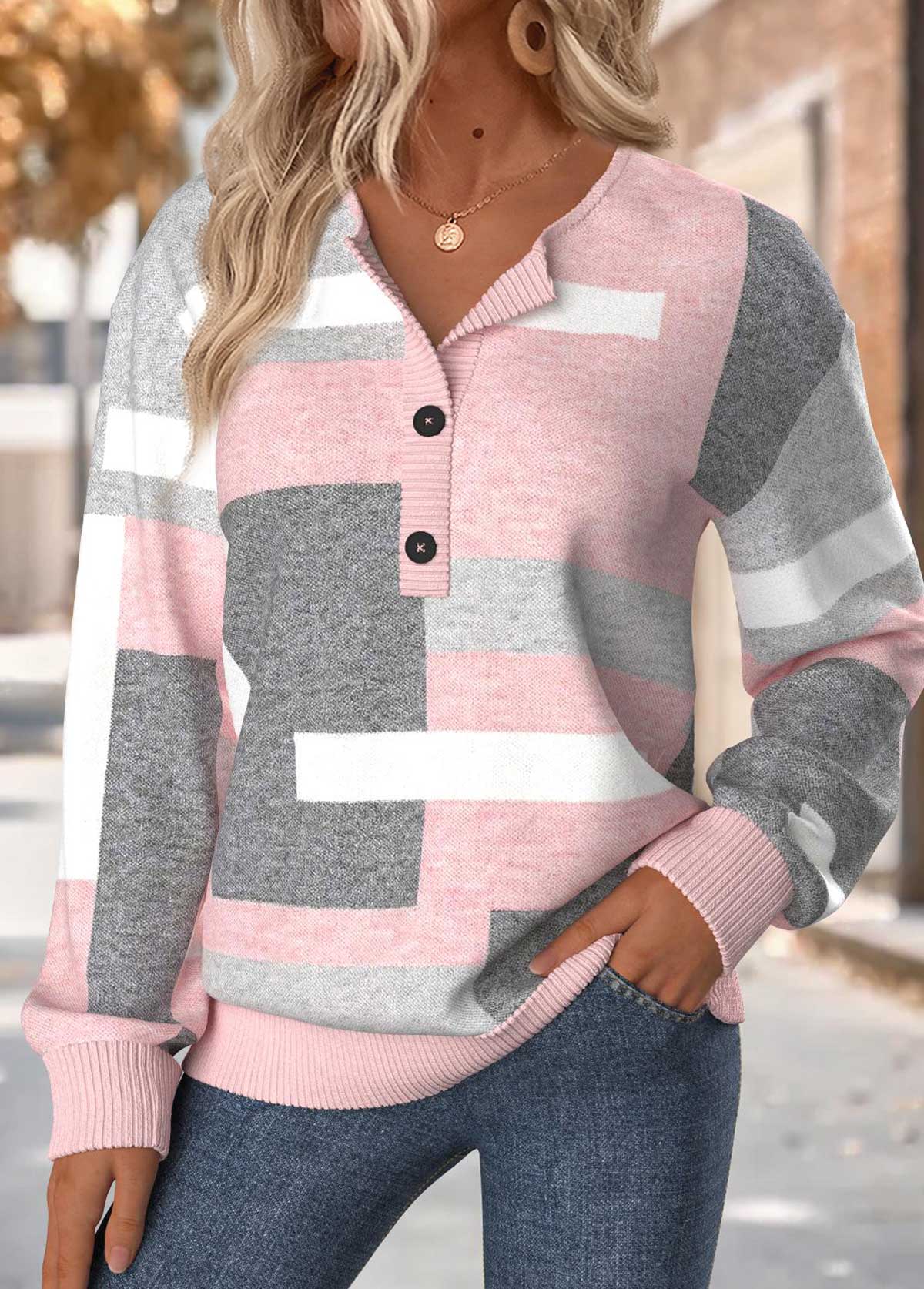 Geometric Print Tummy Coverage Light Pink Long Sleeve Sweatshirt