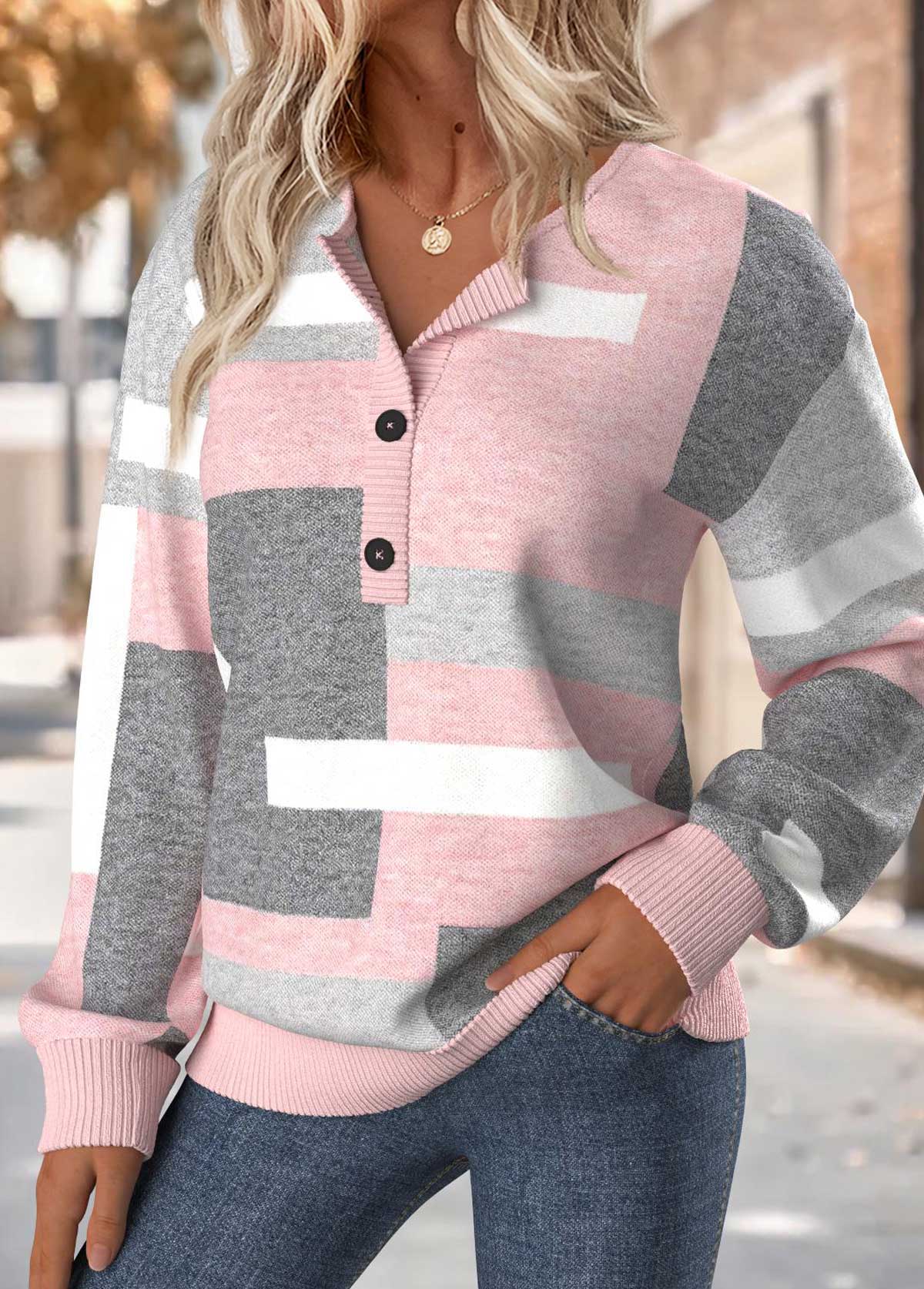 Geometric Print Tummy Coverage Light Pink Long Sleeve Sweatshirt