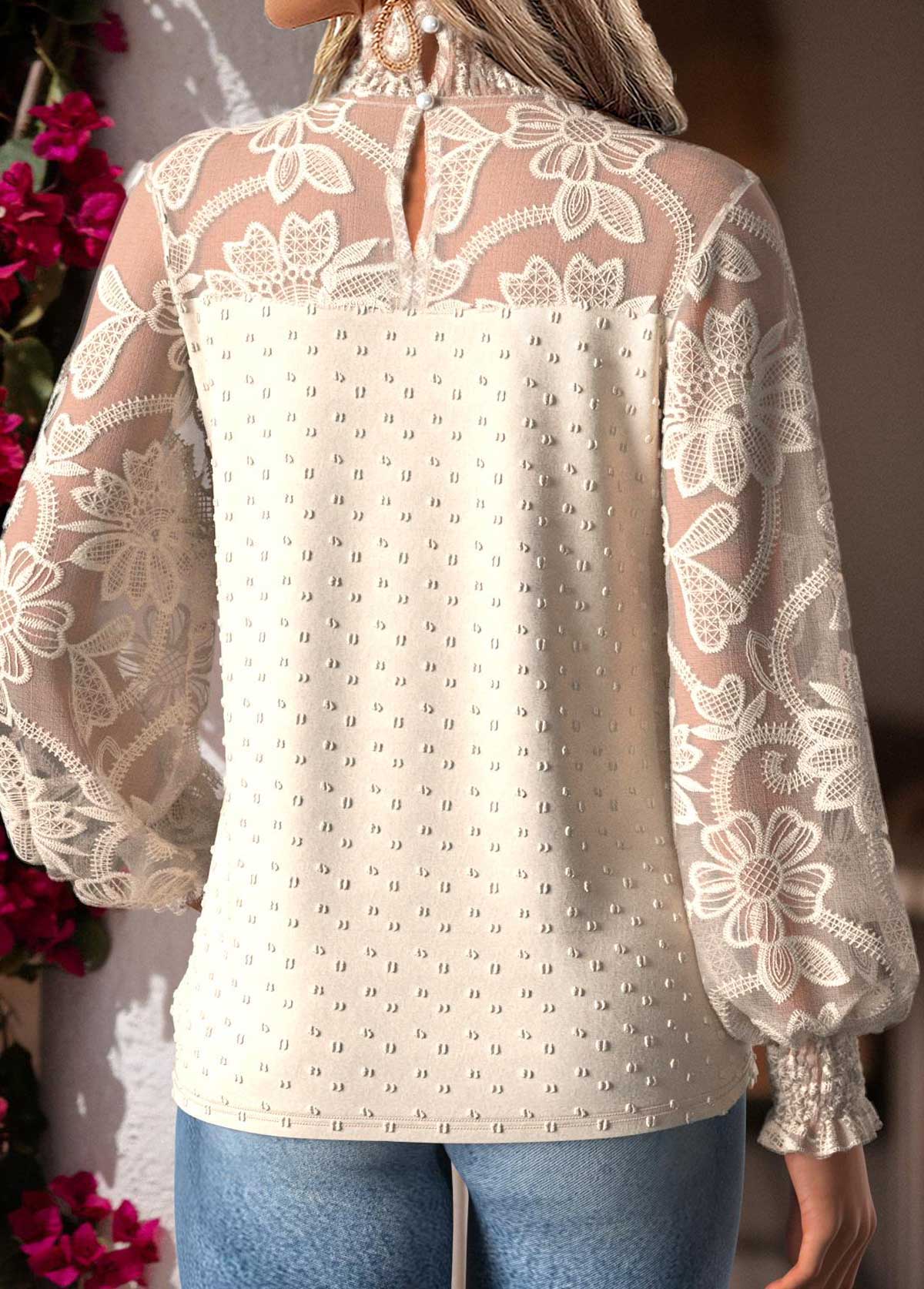 Tummy Coverage Beige Long Sleeve High Neck Blouse