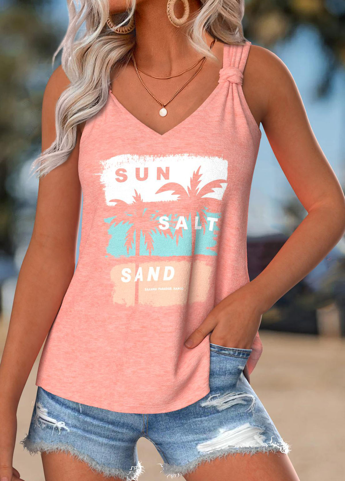 Tropical Plants Print Tummy Coverage Dusty Pink Tank Top